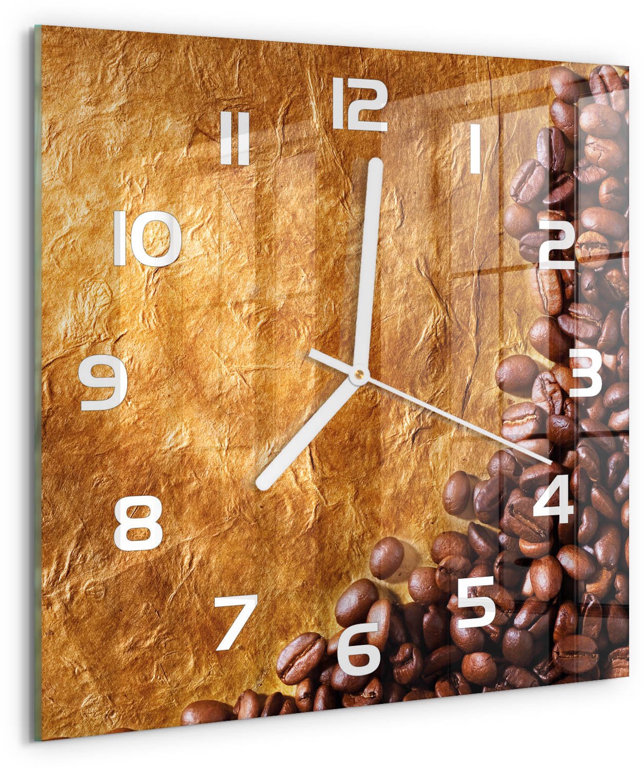 Tulup Wandklok - Koffiebonen Glazen Klok Met Print - 30x30 cm - Bruin Wandklok Glas Met Motief - Witte handen - Vierkante Klok - Wandklok Glas Decoratie - Gekleurde Glazen Klok