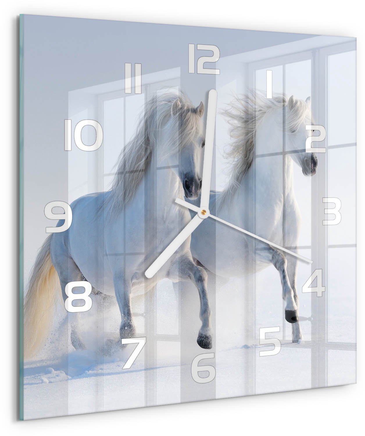 Tulup Wandklok - Twee paarden in de sneeuw Moderne Wandklok Glas - 30x30 cm - Wit Wandklok Glas Decoratie - Witte handen - Vierkante Klok - Glazen Wandklok Design - Klok Glas Met Opdruk