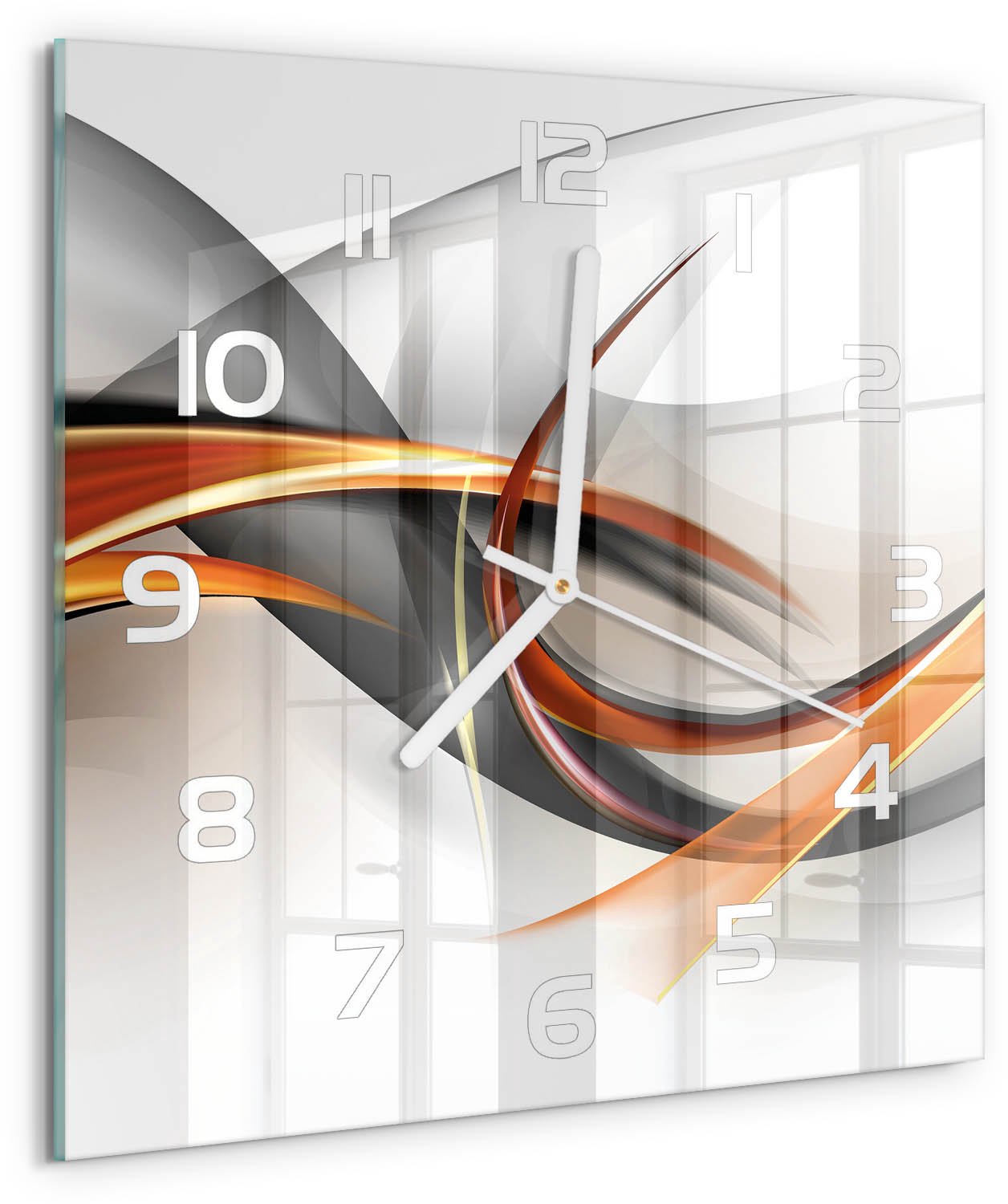 Tulup Wandklok - Golfabstractie Klok Glas Met Opdruk - 30x30 cm - Oranje Moderne Wandklok Glas - Witte handen - Vierkante Klok - Decoratieve Glazen Klok - Glazen Wandklok Design