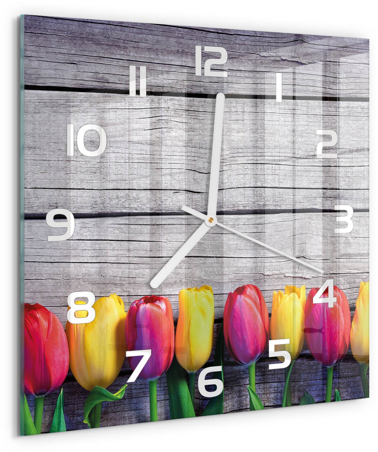 Tulup Wandklok - Tulpen op hout Glazen Wandklok Design - 30x30 cm - Veelkleurig Klok Glas Met Opdruk - Witte handen - Vierkante Klok - Wandklok Glas Met Motief - Decoratieve Glazen Klok