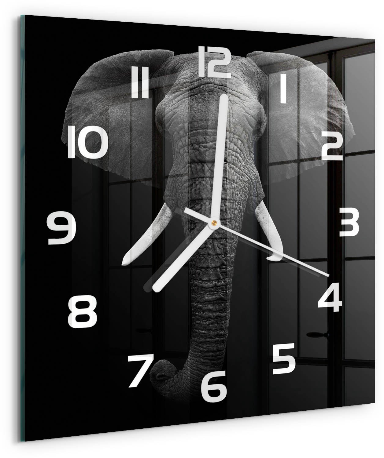 Tulup Wandklok - Afrikaanse olifant Glazen Wandklok Design - 30x30 cm - Zwart-wit Klok Glas Met Opdruk - Witte handen - Vierkante Klok - Wandklok Glas Met Motief - Decoratieve Glazen Klok