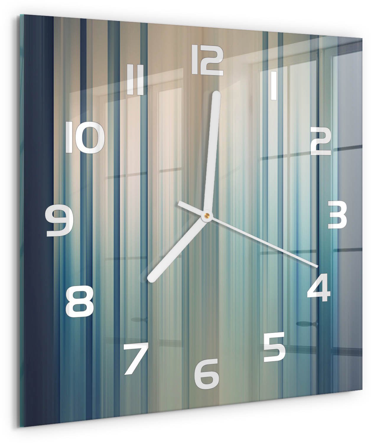 TULUP Wandklok - Blauwe strepen Klok Glas Met Opdruk - 30x30 cm - Blauw Moderne Wandklok Glas - Witte handen - Vierkante Klok - Decoratieve Glazen Klok - Glazen Wandklok Design