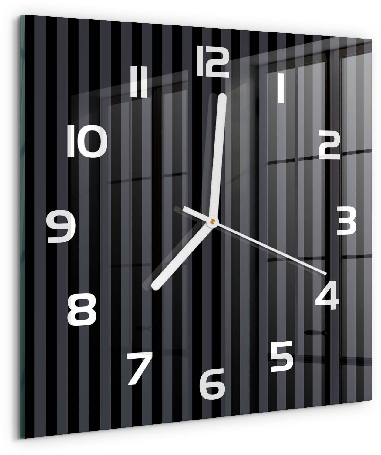TULUP Wandklok - Zwarte en grijze strepen Wandklok Glas Met Motief - 30x30 cm - Zwart Decoratieve Glazen Klok - Witte handen - Vierkante Klok - Gekleurde Glazen Klok - Glazen Klok Met Print
