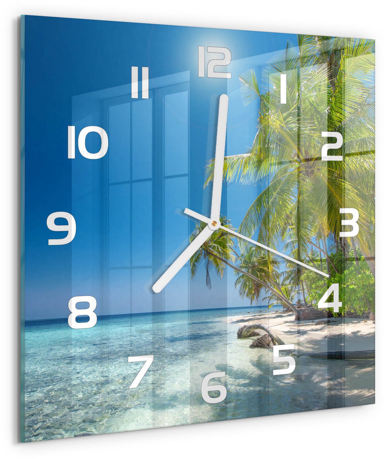 Tulup Wandklok - Strand van de Malediven Klok Glas Met Opdruk - 30x30 cm - Blauw Moderne Wandklok Glas - Witte handen - Vierkante Klok - Decoratieve Glazen Klok - Glazen Wandklok Design