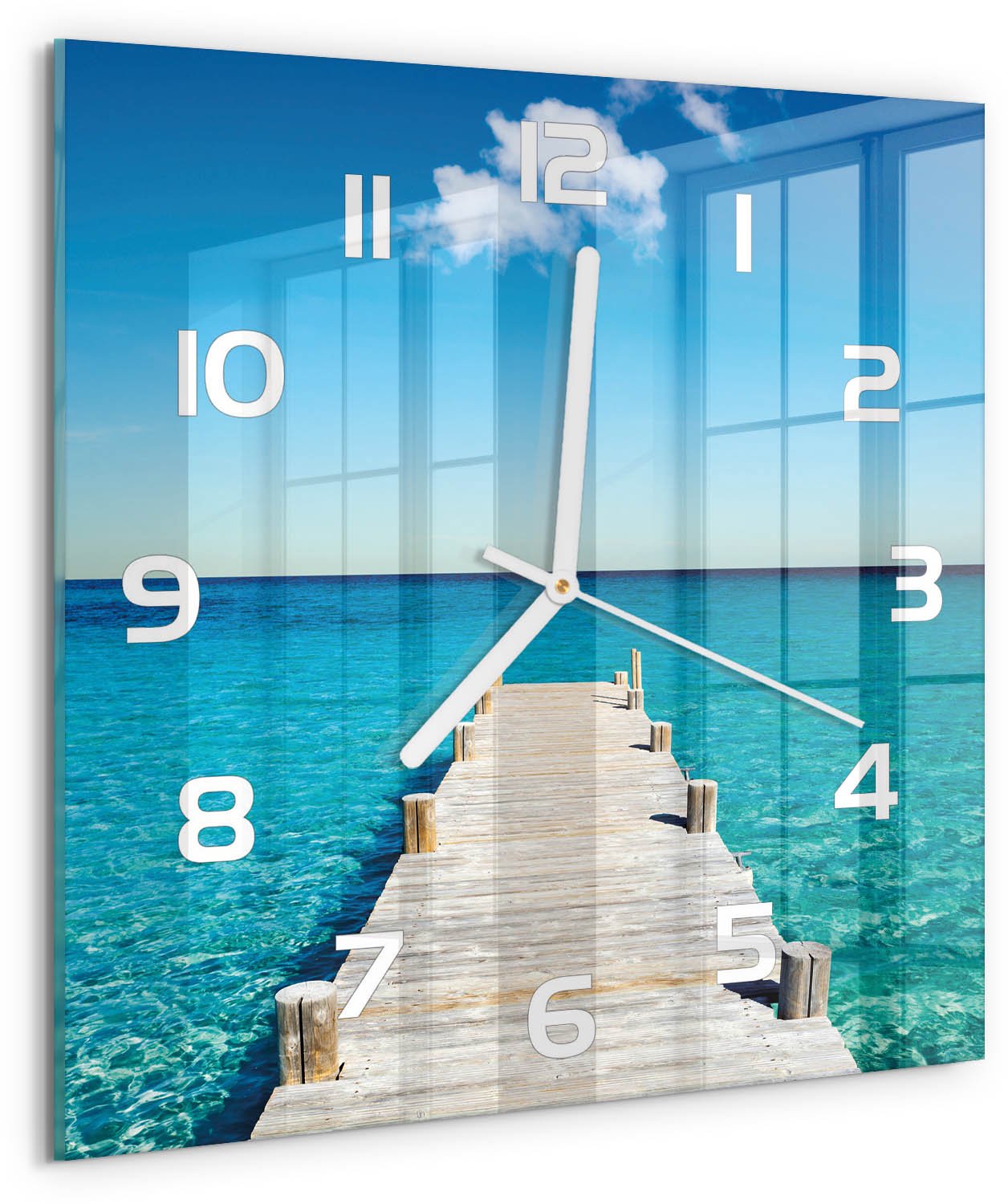 Tulup Wandklok - Houten brug Moderne Wandklok Glas - 30x30 cm - Blauw Wandklok Glas Decoratie - Witte handen - Vierkante Klok - Glazen Wandklok Design - Klok Glas Met Opdruk