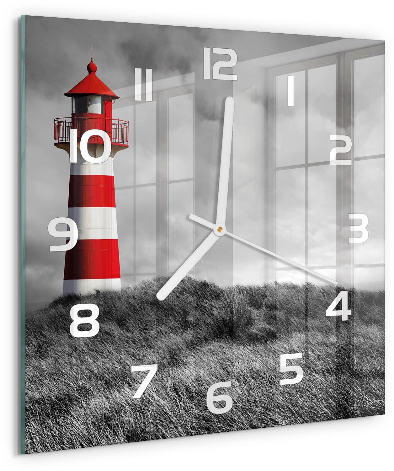 Tulup Wandklok - Vuurtoren Wandklok Glas Decoratie - 30x30 cm - Rood Gekleurde Glazen Klok - Witte handen - Vierkante Klok - Klok Glas Met Opdruk - Moderne Wandklok Glas