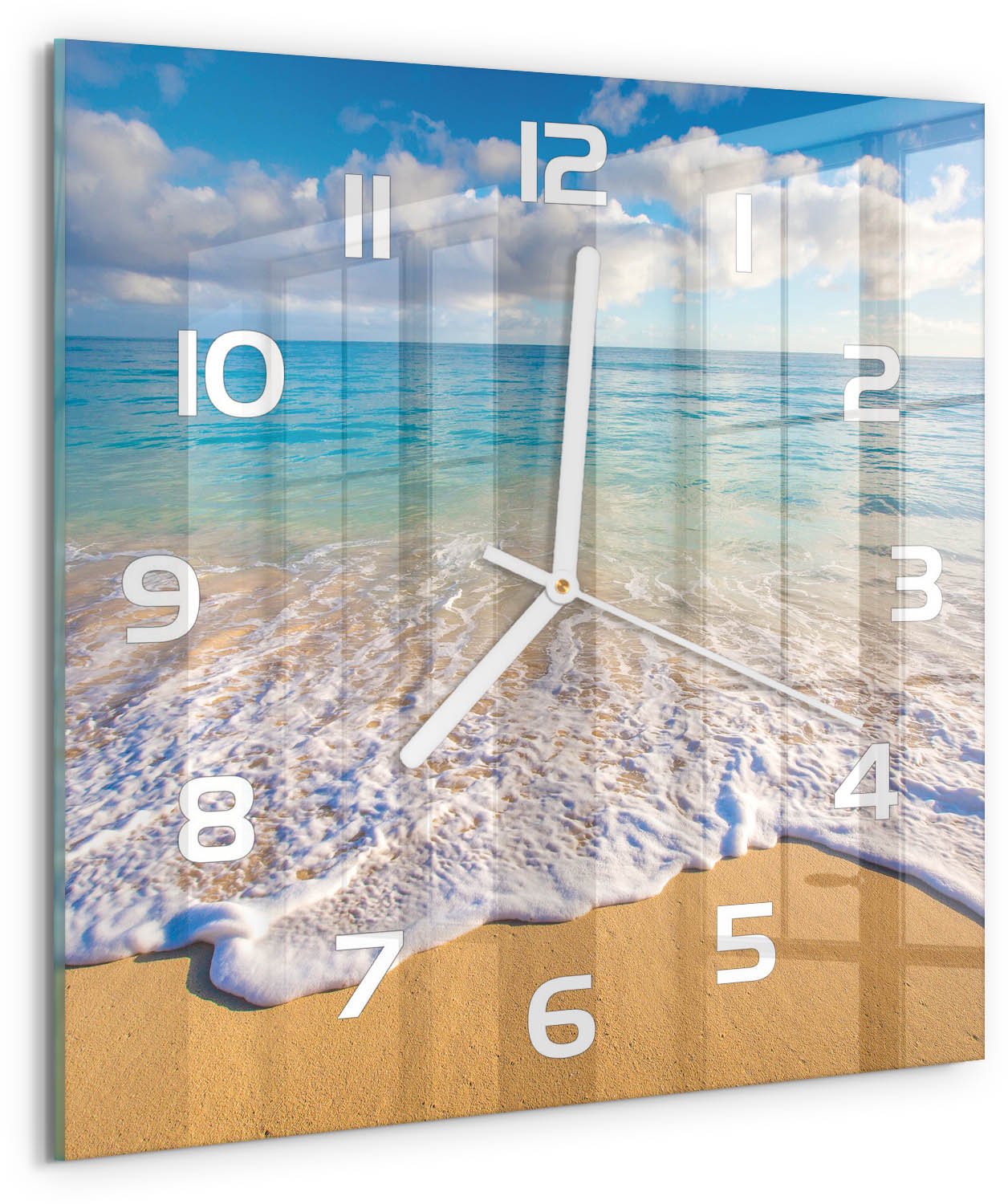 Tulup Wandklok - Hawaiiaans strand Klok Glas Met Opdruk - 30x30 cm - Blauw Moderne Wandklok Glas - Witte handen - Vierkante Klok - Decoratieve Glazen Klok - Glazen Wandklok Design