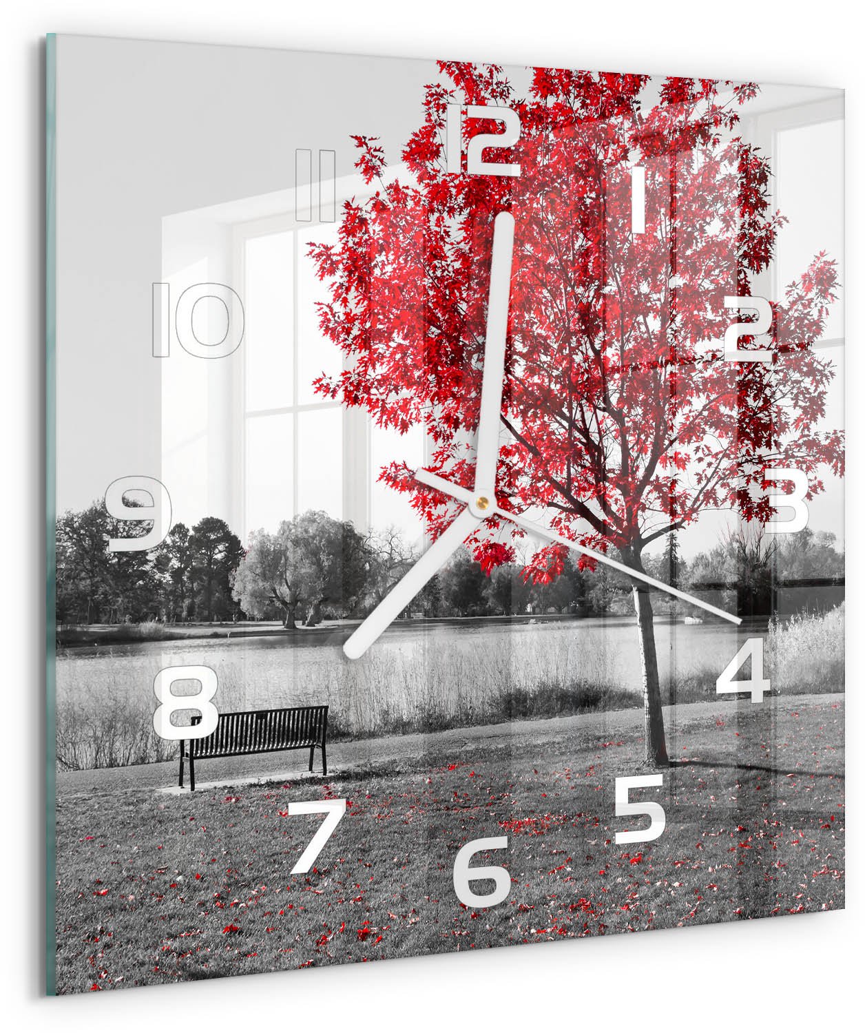 Tulup Wandklok - Rode boom Gekleurde Glazen Klok - 30x30 cm - Rood Glazen Klok Met Print - Witte handen - Vierkante Klok - Moderne Wandklok Glas - Wandklok Glas Decoratie