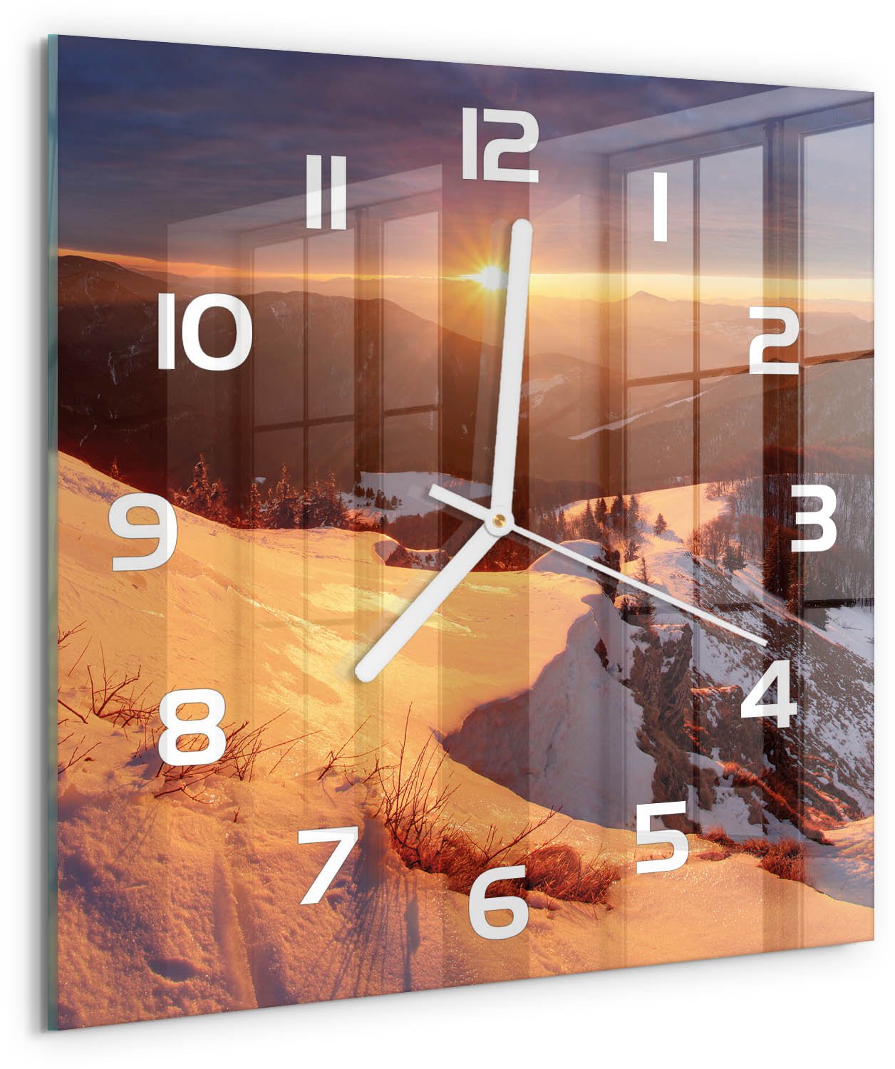 Tulup Wandklok - Winter in de bergen Moderne Wandklok Glas - 30x30 cm - Wit Wandklok Glas Decoratie - Witte handen - Vierkante Klok - Glazen Wandklok Design - Klok Glas Met Opdruk
