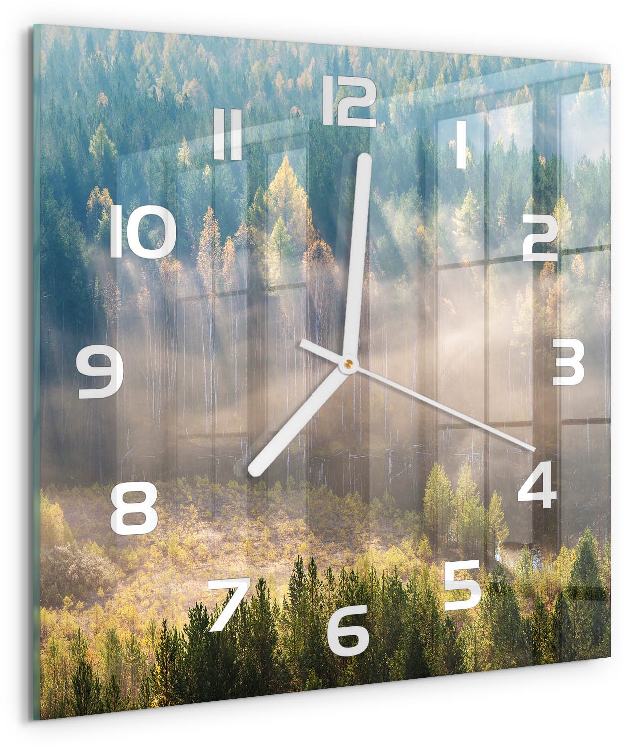 Tulup Wandklok - Mist in het bos Klok Glas Met Opdruk - 30x30 cm - Groente Moderne Wandklok Glas - Witte handen - Vierkante Klok - Decoratieve Glazen Klok - Glazen Wandklok Design