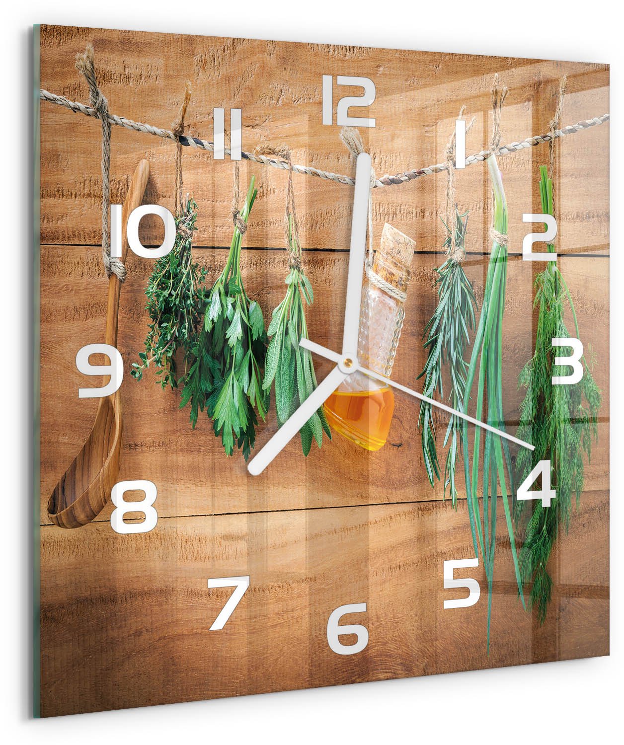 Tulup Wandklok - Kruiden aan een touwtje Glazen Klok Met Print - 30x30 cm - Groente Wandklok Glas Met Motief - Witte handen - Vierkante Klok - Wandklok Glas Decoratie - Gekleurde Glazen Klok