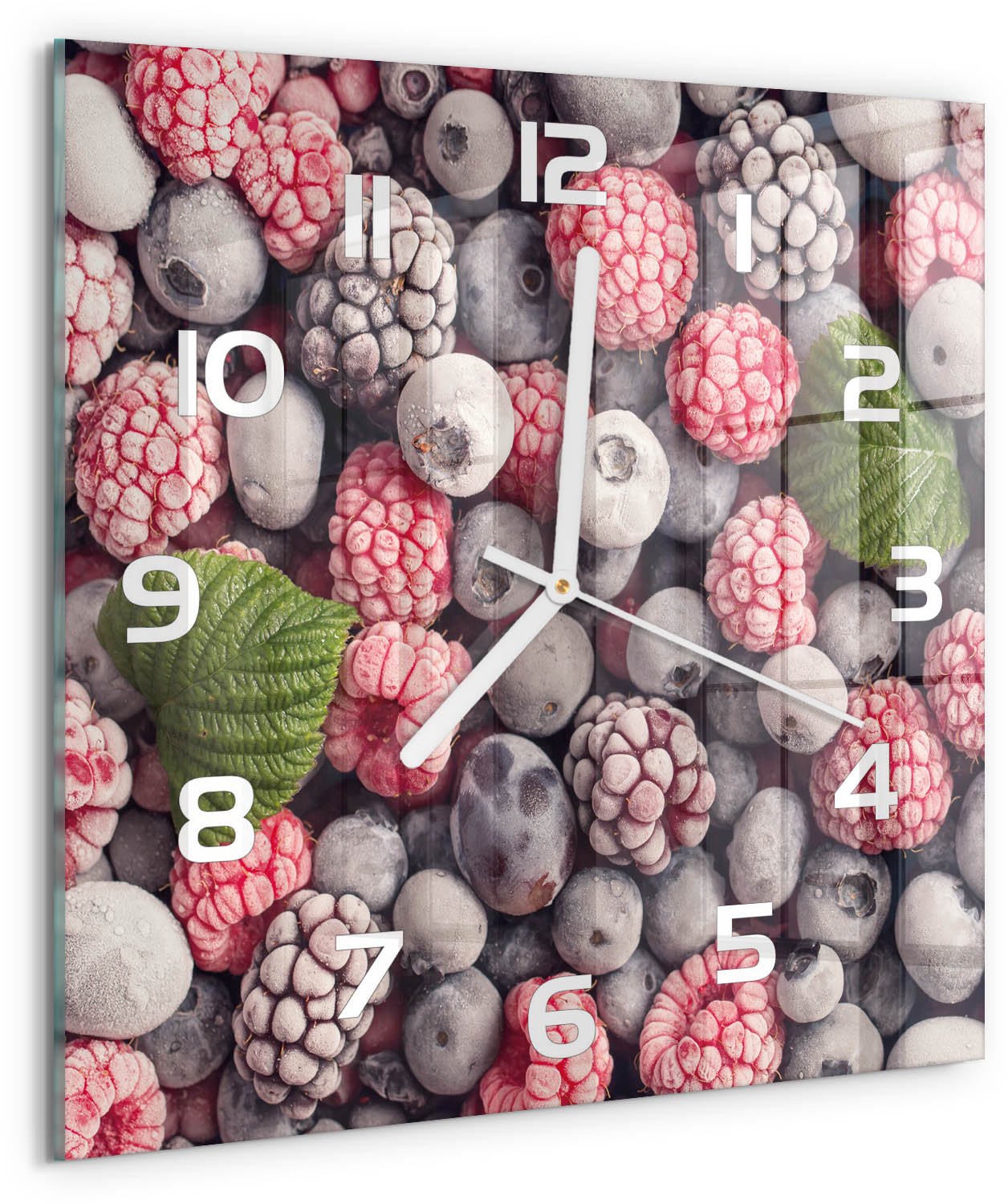 Tulup Wandklok - Bevroren bosvruchten Gekleurde Glazen Klok - 30x30 cm - Blauw Glazen Klok Met Print - Witte handen - Vierkante Klok - Moderne Wandklok Glas - Wandklok Glas Decoratie