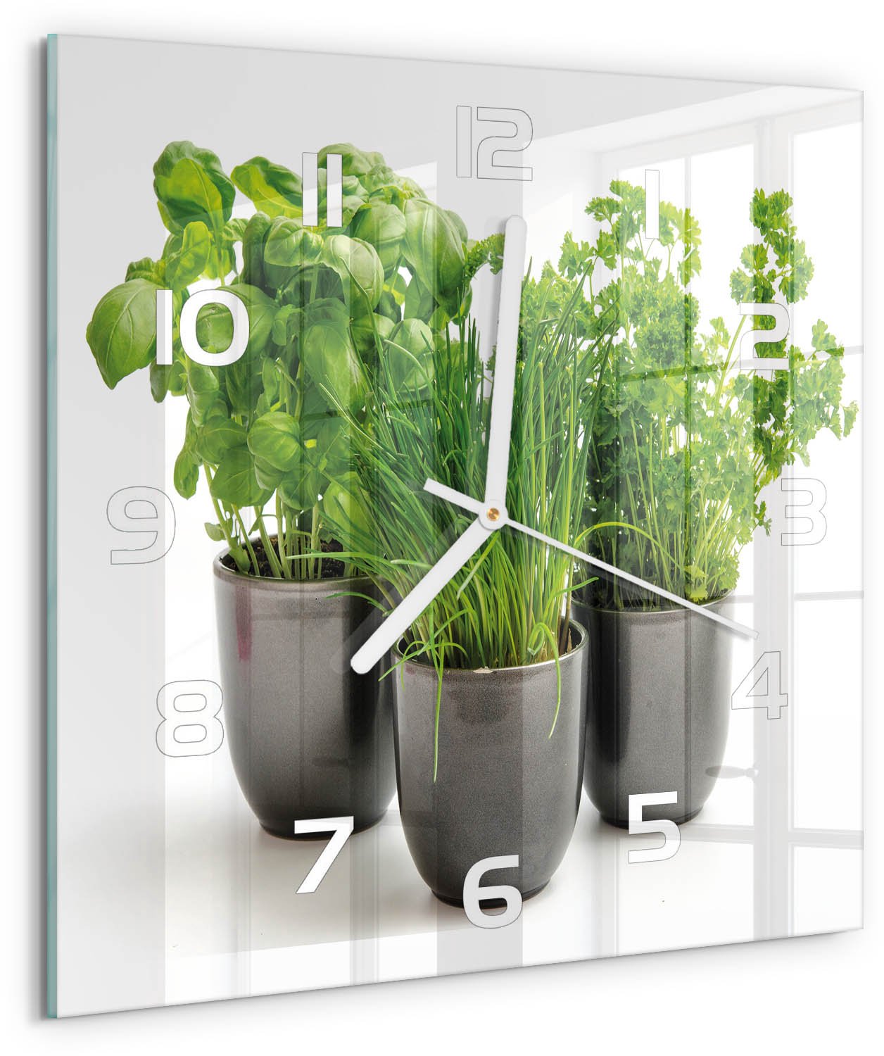 Tulup Wandklok - Kruiden in potten Wandklok Glas Decoratie - 30x30 cm - Groente Gekleurde Glazen Klok - Witte handen - Vierkante Klok - Klok Glas Met Opdruk - Moderne Wandklok Glas