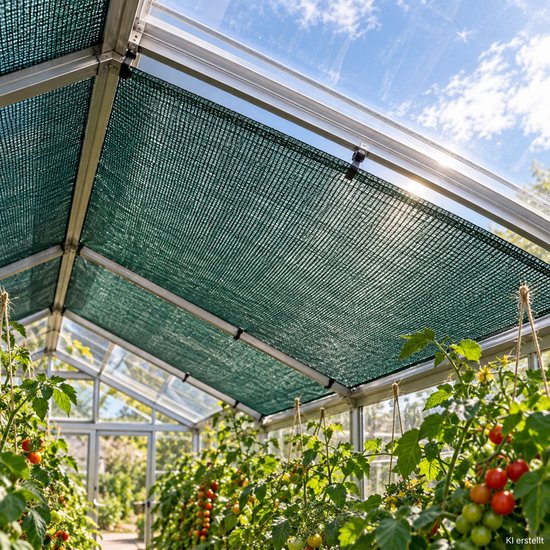 Groen schaduwnet in een kas met tomatenplanten eronder.