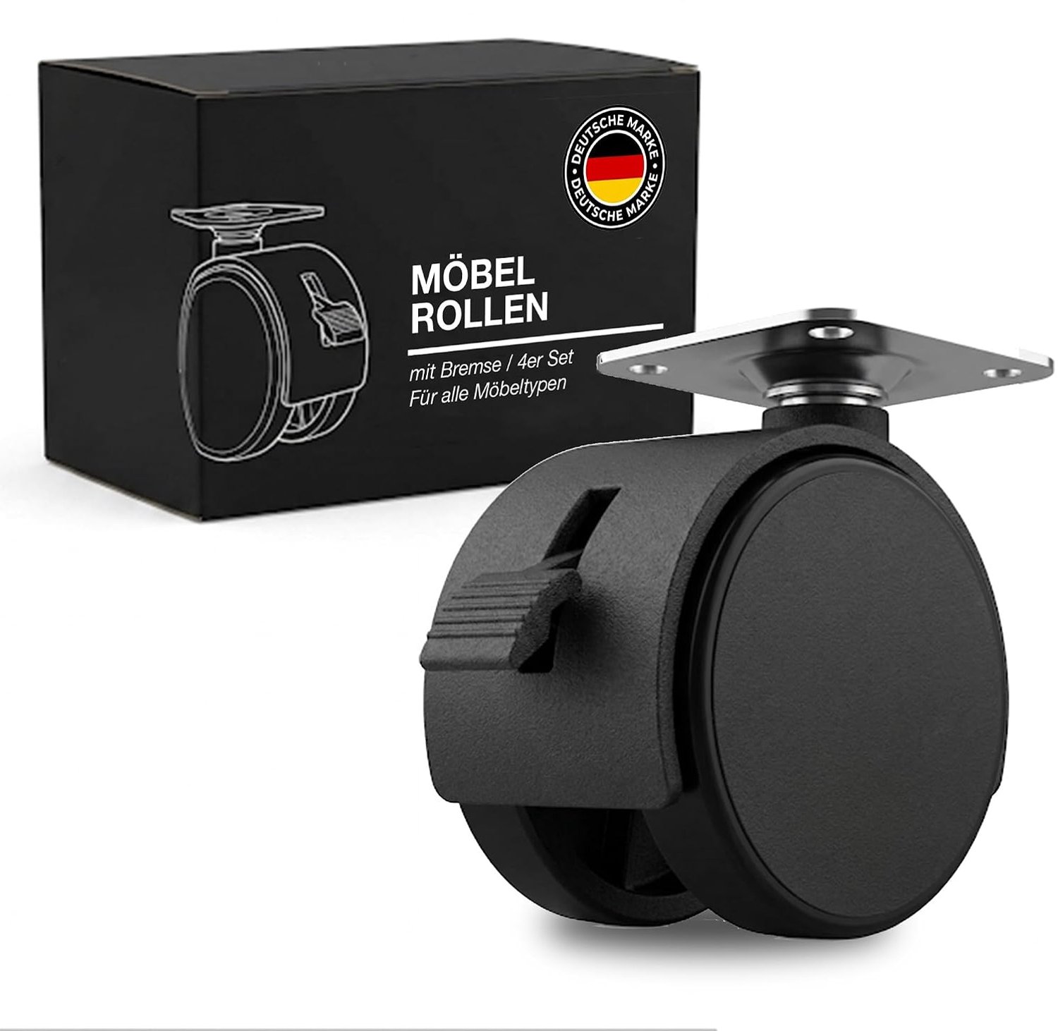 Furniture castors with brake set of 4 in black - Made in Germany - furniture castors 40 mm - table castors set of 4 - ShopVlot
