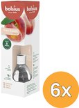 Verpakking met 6 Bolsius True Scents geurstokjes in perzikgeur. De verpakking toont perziken en een glazen flesje met stokjes. "UP TO 6 WEEKS FRAGRANCE RELEASE".