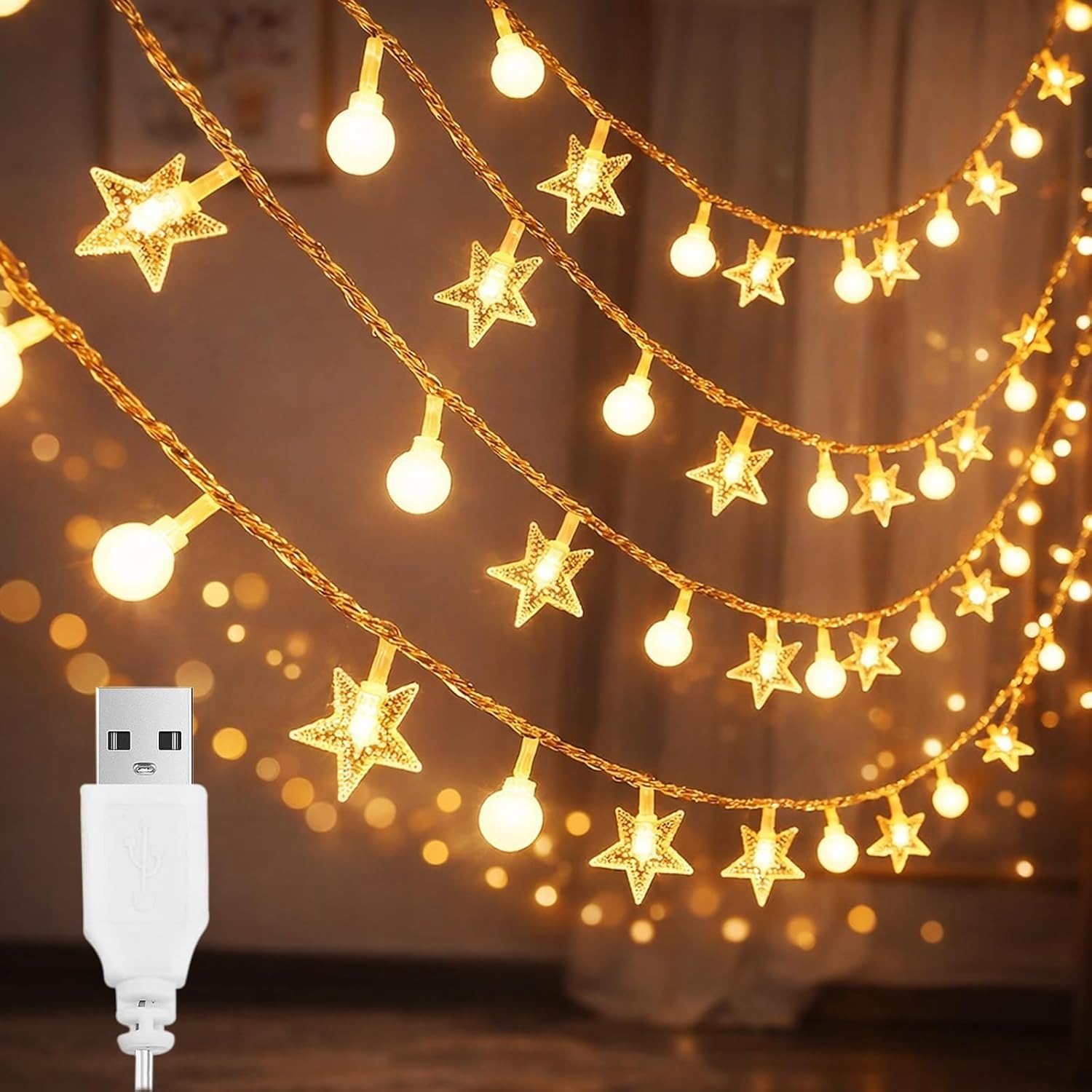 Lichtsnoer met Sterren - Warm Wit - 3 m - USB Lichtketting met 20 LEDs - Voor Binnen Decoratie