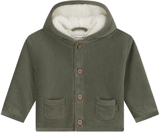 Olijfgroen ribfluwelen jasje met capuchon, witte sherpa voering, houten knopen en twee zakken.