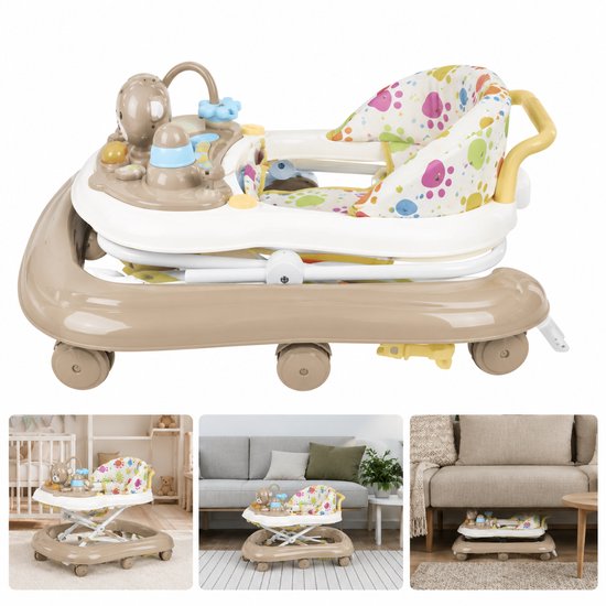 CreateEcom Loopwagen - baby walker - 3-in-1 loopstoeltje - opvouwbare loopstoeltje - met luifel - loopstoeltje vanaf 6 maanden - met 360 ° Wielen - voerbak en speelcentrum - Khaki — afbeelding 2