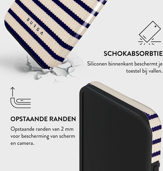 iPhone 13 hoesje met marineblauwe strepen, schokabsorptie en verhoogde randen voor bescherming.
