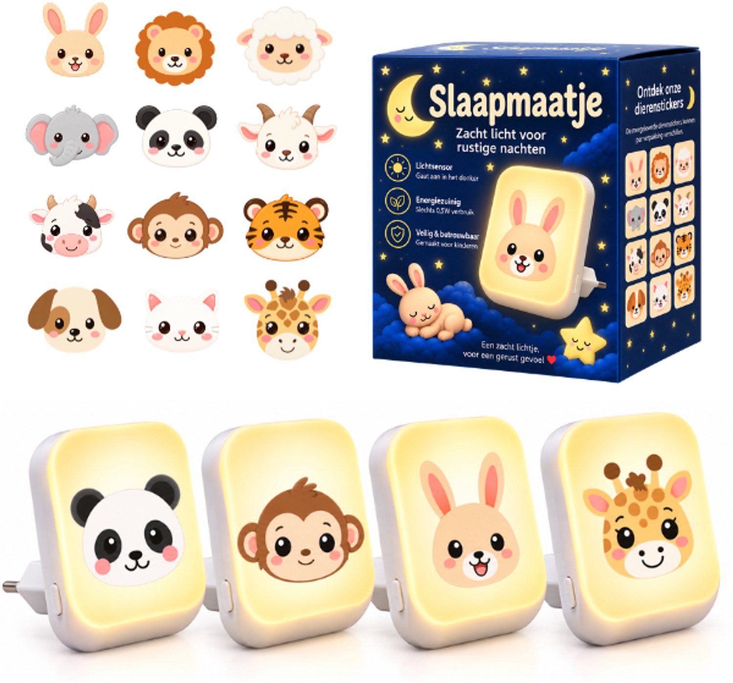 Gigandia Slaapmaatje Nachtlampje Stopcontact Baby & Kinderen - Automatische Lichtsensor - Dimbaar Warm Wit Licht - 4 Stuks