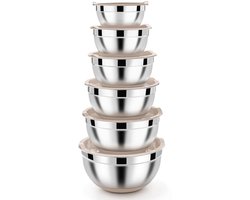 Homikit roerschaalset, set van 6 roestvrijstalen slakommen met luchtdichte deksel en khaki siliconen bodem, stapelbaar, 4,6 l, 2,8 l, 2,5 l, 1,6 l, 1,