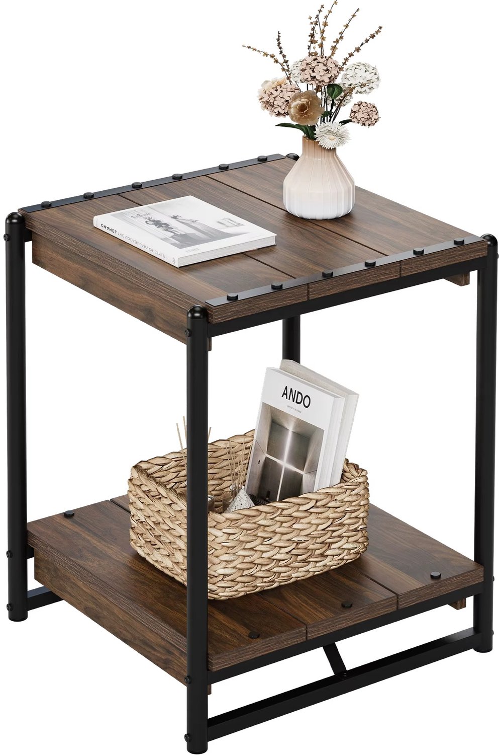 Whoopr® Industriële Bijzettafel met 2 Niveaus – Vierkante Sidetable met Opbergplank – Houten Nachtkastje met Zwart Metalen Frame – 50 × 45 × 61 cm – Walnoot Bruin