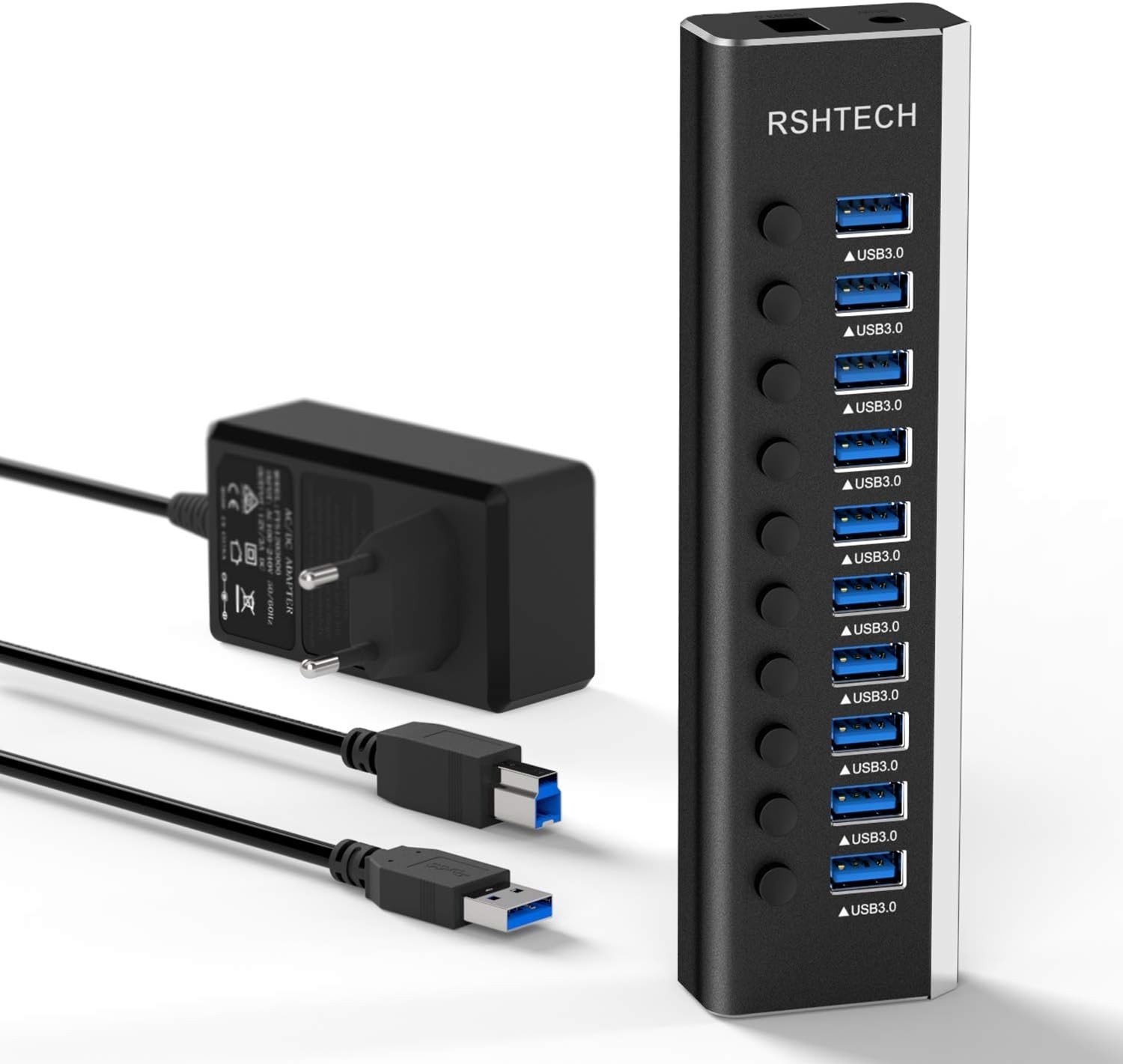 10-Port USB 3.0 Hub met 36W Voeding voor Snelladen en Gegevensoverdracht tot 5Gbps, Aluminium Multi-Port Splitter met LEDs en Apart Schakelaar