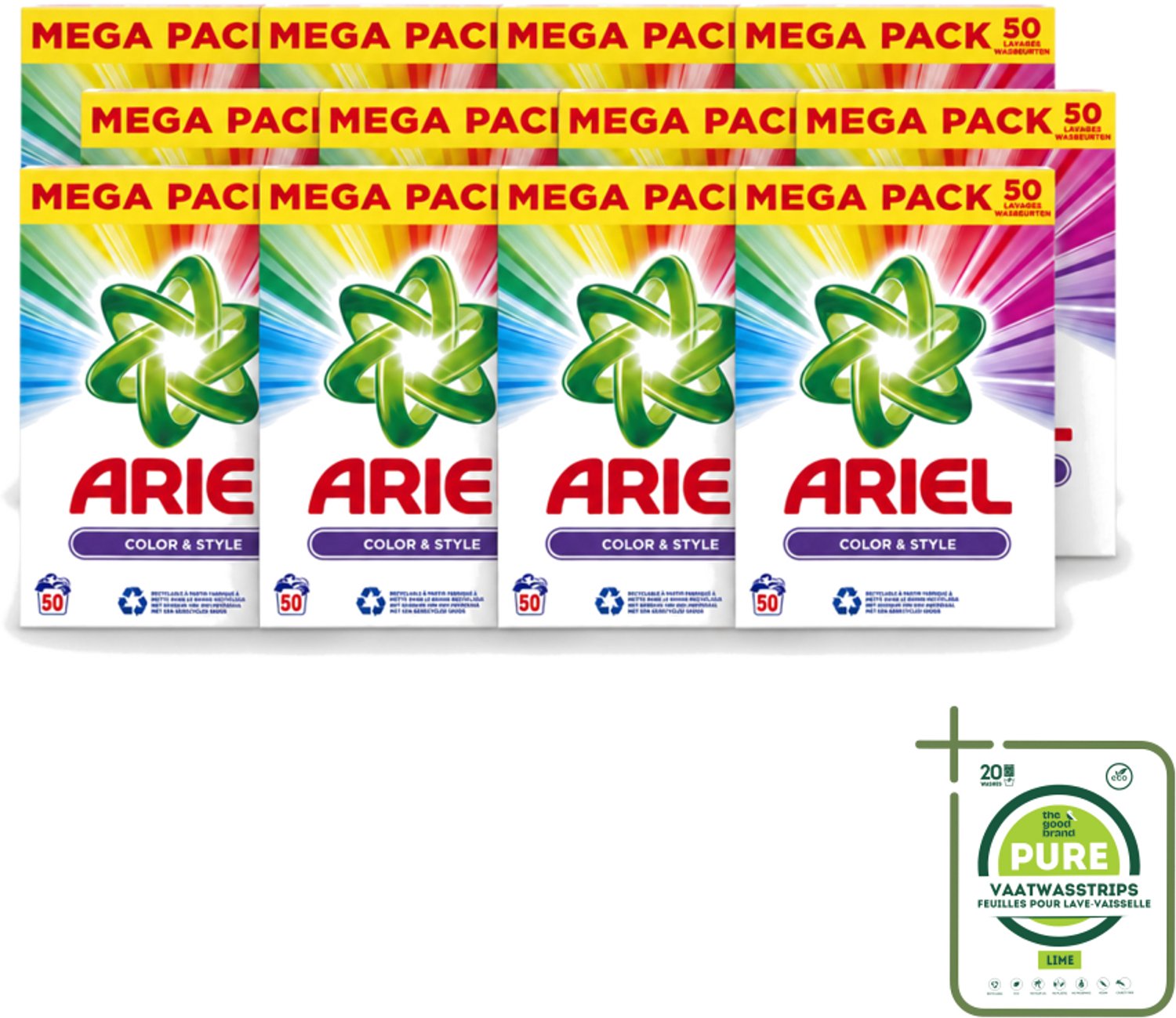 12 x Ariel Color & Style - Waspoeder - Gekleurde Was - 50 Wasbeurten - Grootverpakking - Vaatwasstrips - Kleurverzorging - Waspoeder - Wasmachine - Energiebesparing - Frisheid