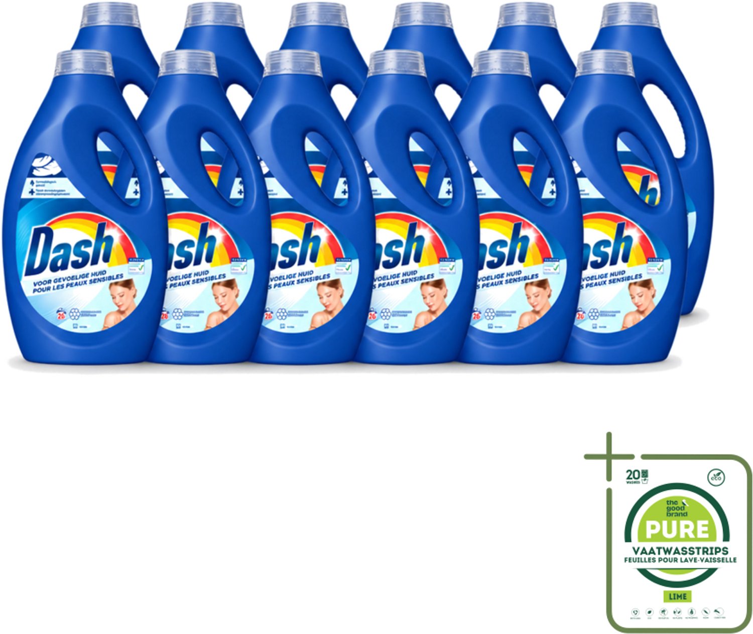 12 x Dash Sensitive - Vloeibaar Wasmiddel - Voor Gevoelige Huid - Witte en Gekleurde Was - 26 Wasbeurten - Grootverpakking - Vaatwasstrips - Gevoelige Huid - Wasmiddel - Zachte Was - Dermatologisch Getest - ECARF