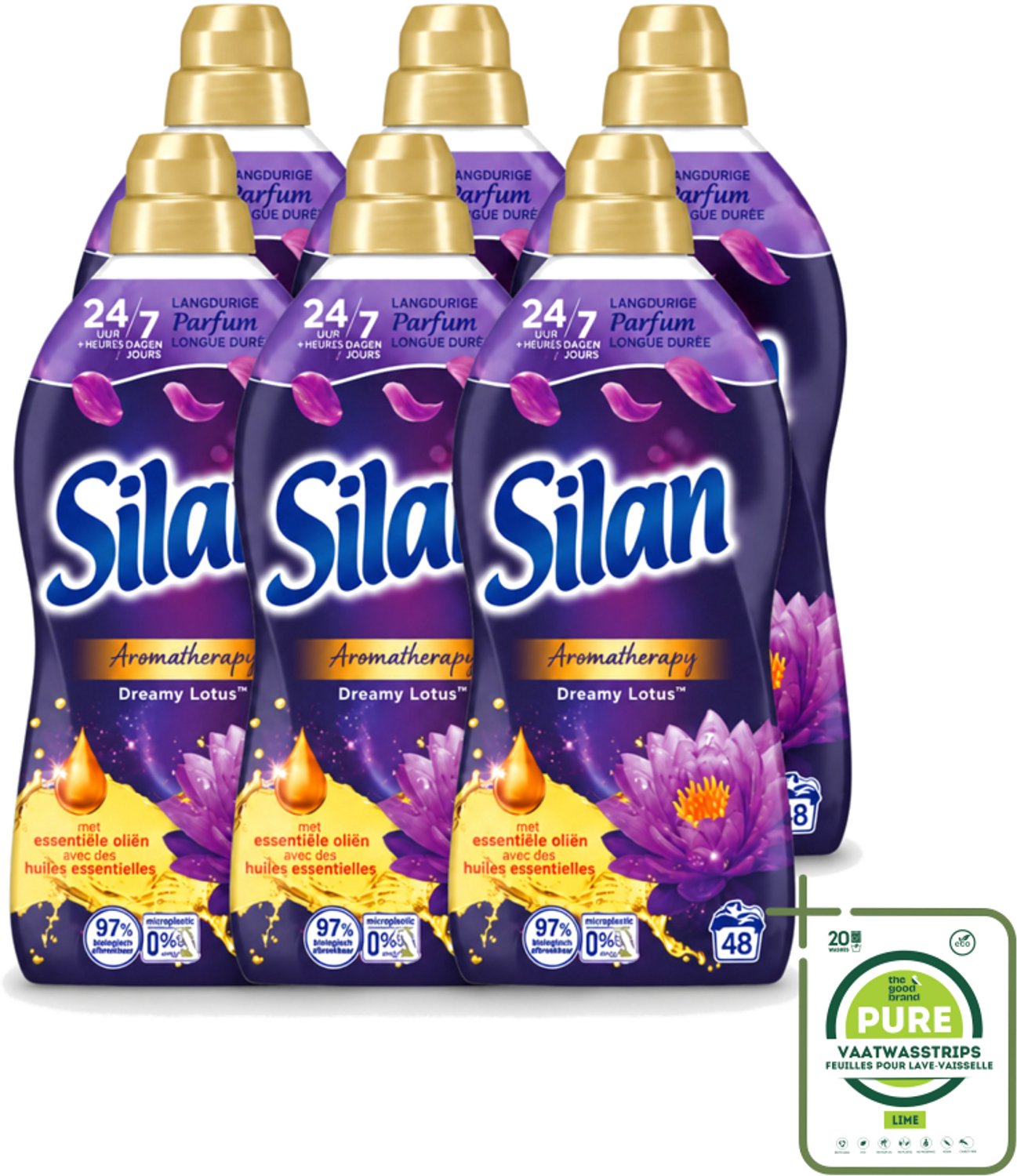 6 x Silan Aromatherapy - Wasverzachter - Dreamy Lotus - Essentiële Oliën en Langdurige Parfum - 48 Wasbeurten - 1.056L - Grootverpakking - Vaatwasstrips - Wasverzachter - Geur - Essentiële Oliën - Kleding Verzorgen - Wasmachine