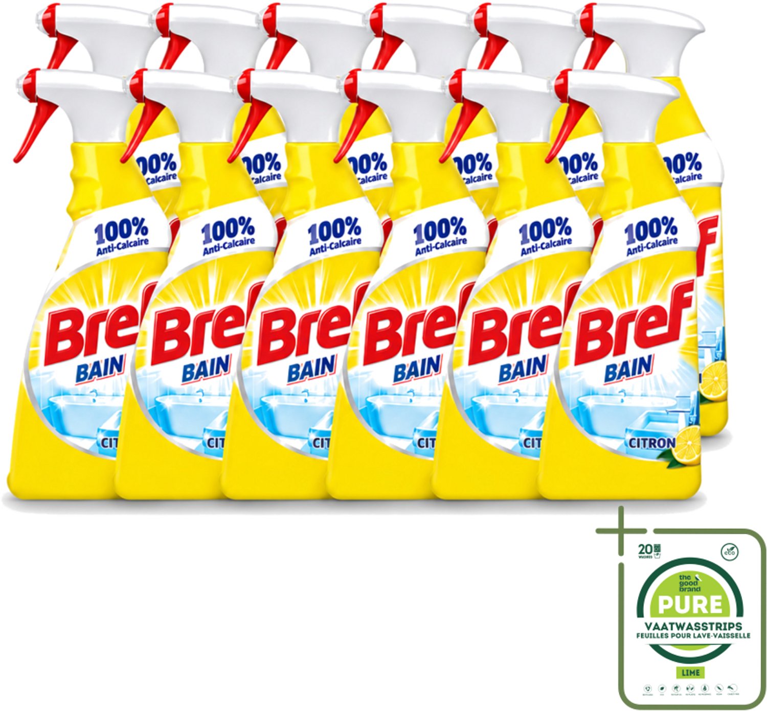 12 x Bref - Badkamerreiniger - Spray - Anti-Kalk - Citroen - 750 ml - Grootverpakking - Vaatwasstrips - Badkamer Reiniger - Kalkbestrijder - Zeep En Vuil Verwijderen - Citroenspray - Badkamer Reinigen
