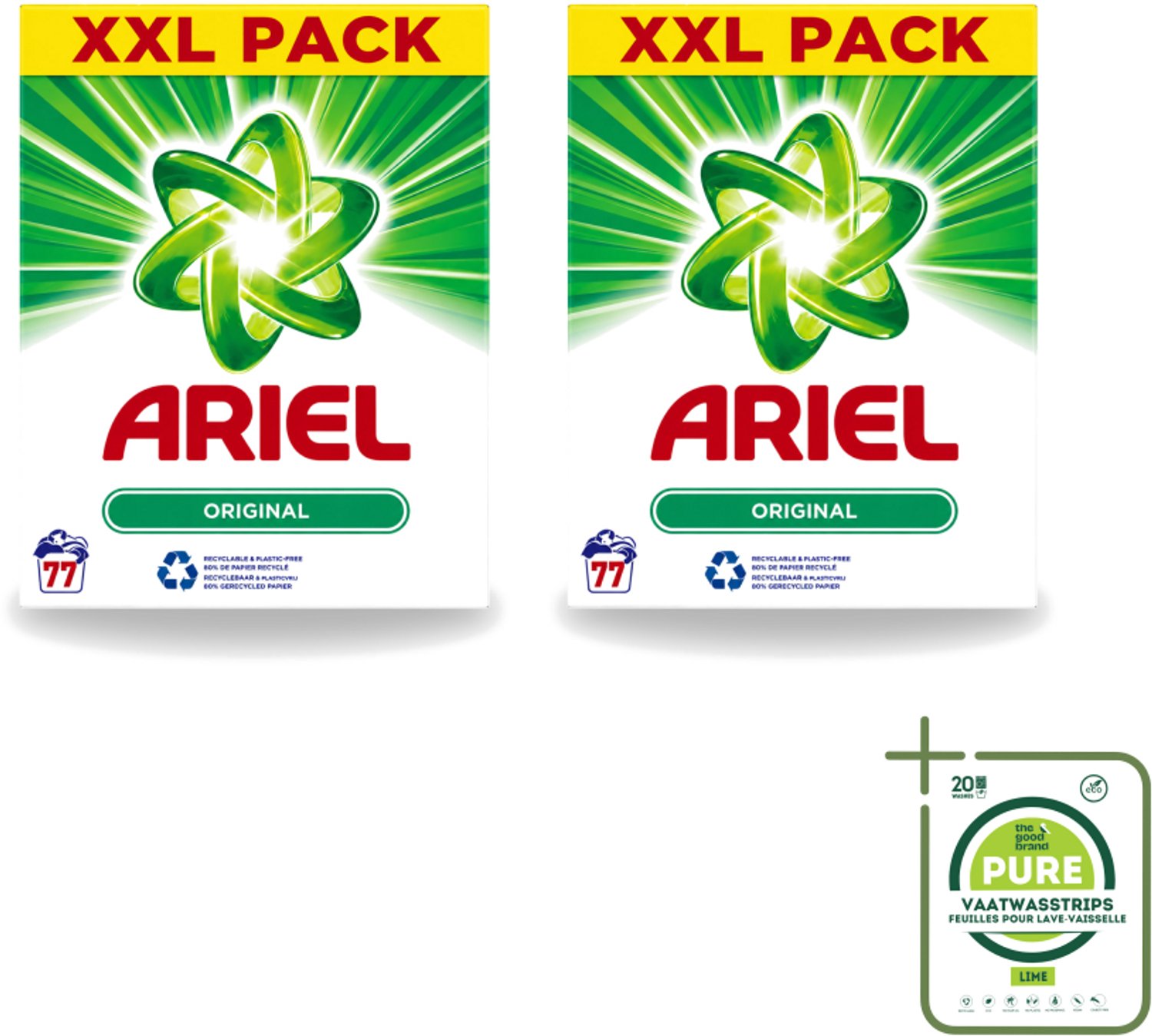 2 x Ariel Original XXL - Waspoeder - Witte en Lichtgekleurde Was - 77 Wasbeurten - Grootverpakking - Vaatwasstrips - Waspoeder - Wasmiddel - Vlekverwijdering - Witte Kleding - Lichtgekleurde Kleding