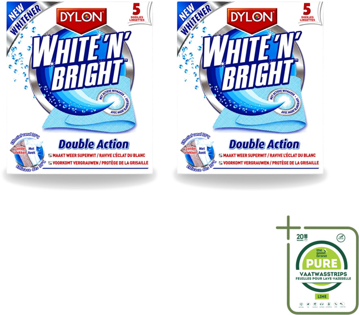 2 x Dylon - Vlekverwijderaar - White & Bright - Superwit & Vlekkeloos - 5 Doekjes - Grootverpakking - Vaatwasstrips - Wit Maken Kleding - Vlekverwijderaar - Wit Textiel - Koffievlek - Theevlek