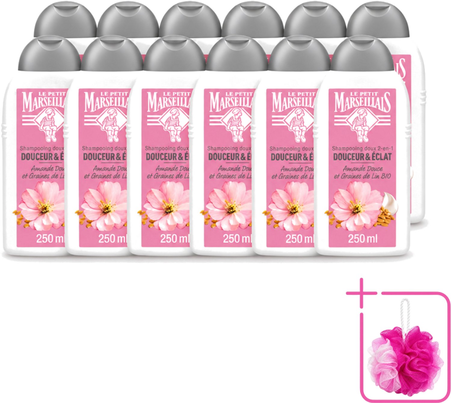 12 x Le Petit Marseillais – Shampoo – Amande Douce & Graines de Lin Bio – 250 ml - Bulkverpakking - Shampoo Amande Douce - Douchemop - Shampoo Linzaad