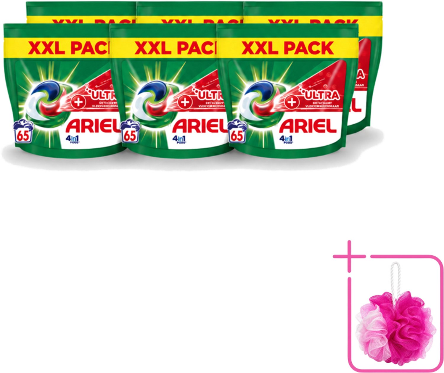6 x Ariel – 4in1 Pods – Ultra Vlekverwijderaar – 65 wasbeurten - Bulkverpakking - Vlekverwijderaar wasmiddel - Douchemop - Krachtige waspods