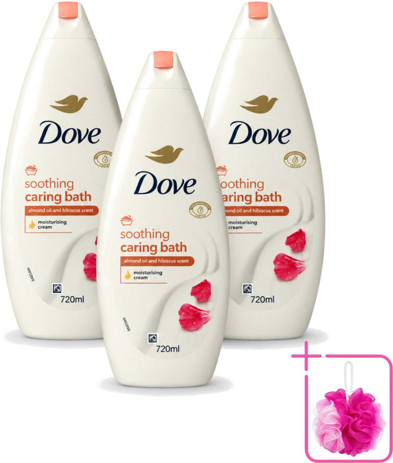 3 x Dove – Badcrème – Soothing Almond Oil & Hibiscus – 720 ml - Bulkverpakking - Douchegel - Douchemop - Huidverzorging