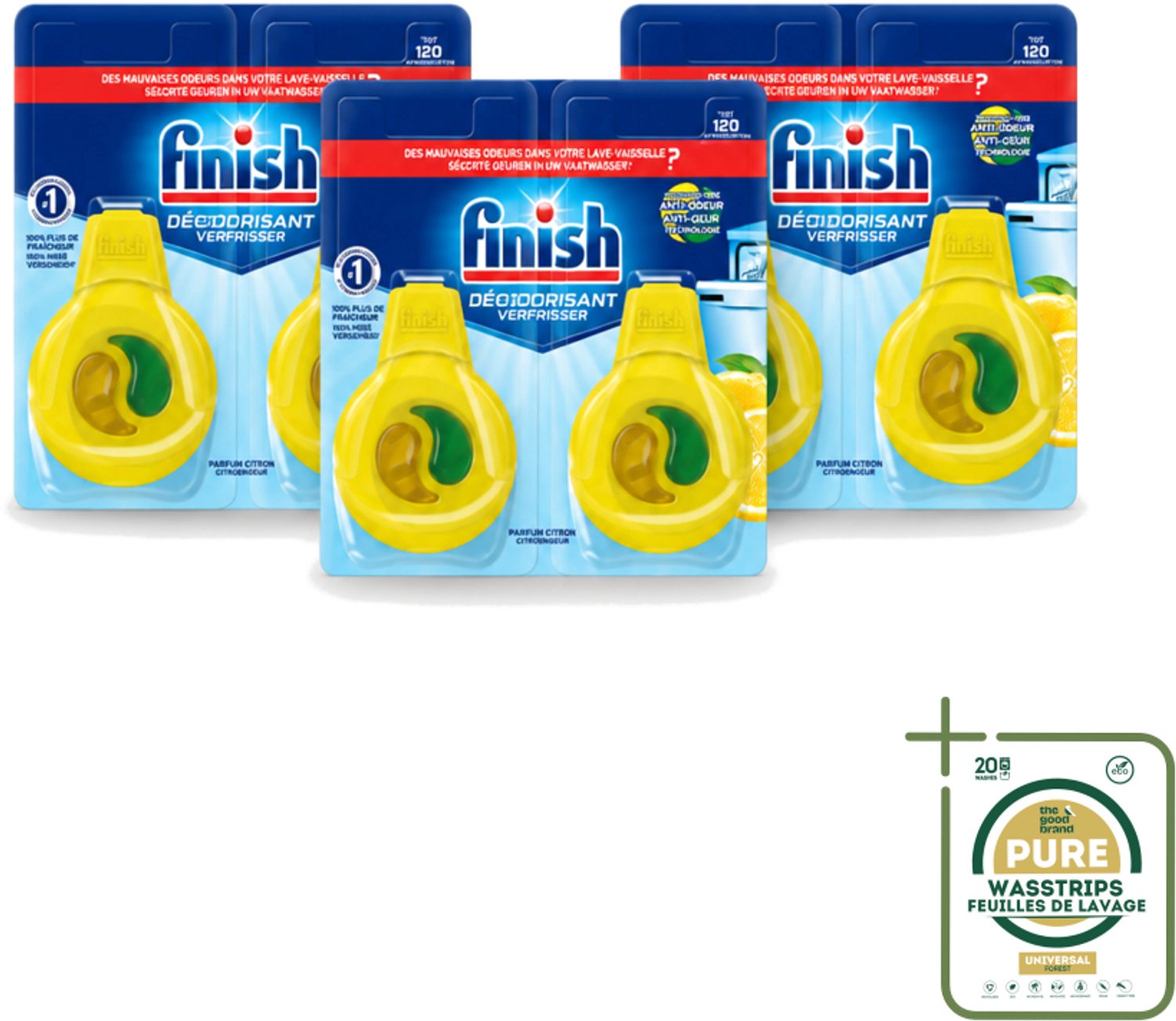 3 x Finish Deo Odorstop - Vaatwasverfrisser - Citroen Parfum - Anti-geur - Tot 120 Afwasbeurten - Wasstrips - Vaatwasverfrisser - Geurbeheersing - Citroengeur - Anti-geur - Vaatwasser Geur