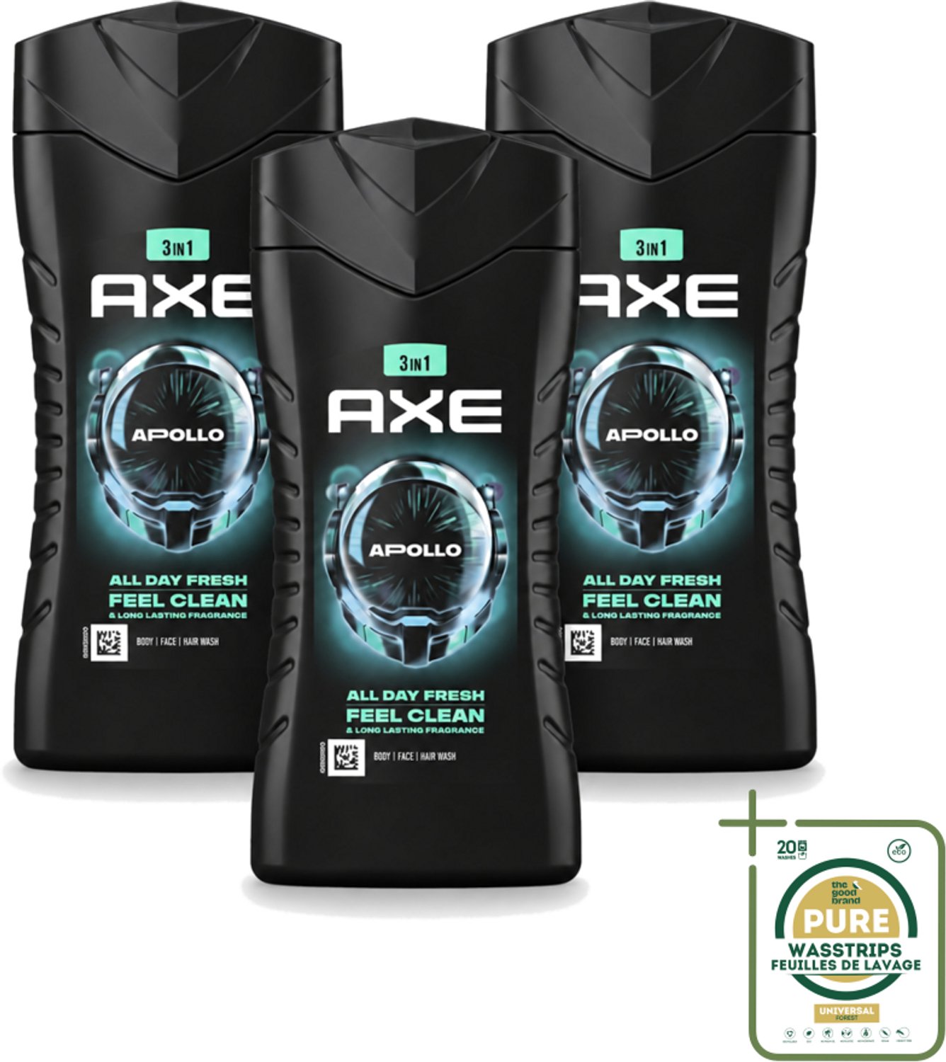 3 x Axe - 3-in-1 Douchegel - Apollo - Sage & Cedarwoord - 12hrs Long Lasting Scent - 250 ml - Wasstrips - Douchegel Lichaam Gezicht Haar - Geur Salie Cederhout - 12 Uur Fris - Bacteriënverwijdering - Plantaardige Moisturizers