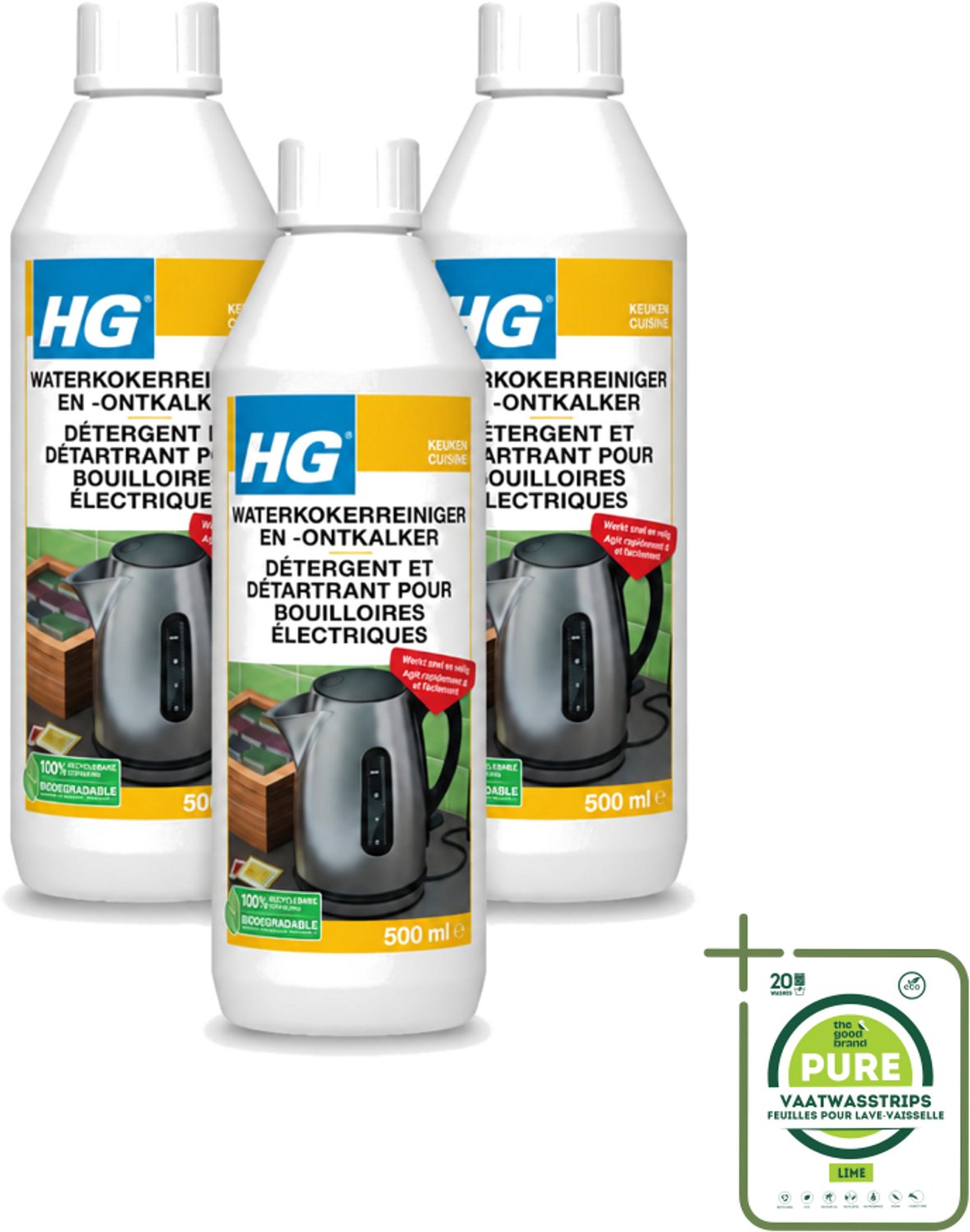 3 x HG - Waterkokerreiniger & Ontkalker - Snel & Veilig Resultaat - 500 ml - Grootverpakking - Vaatwasstrips - Waterkoker Reinigen - Waterkoker Ontkalken - Kalkaanslag Verwijderen - Waterkoker Reinigingsmiddel - Waterkoker Ontstofverwijderen
