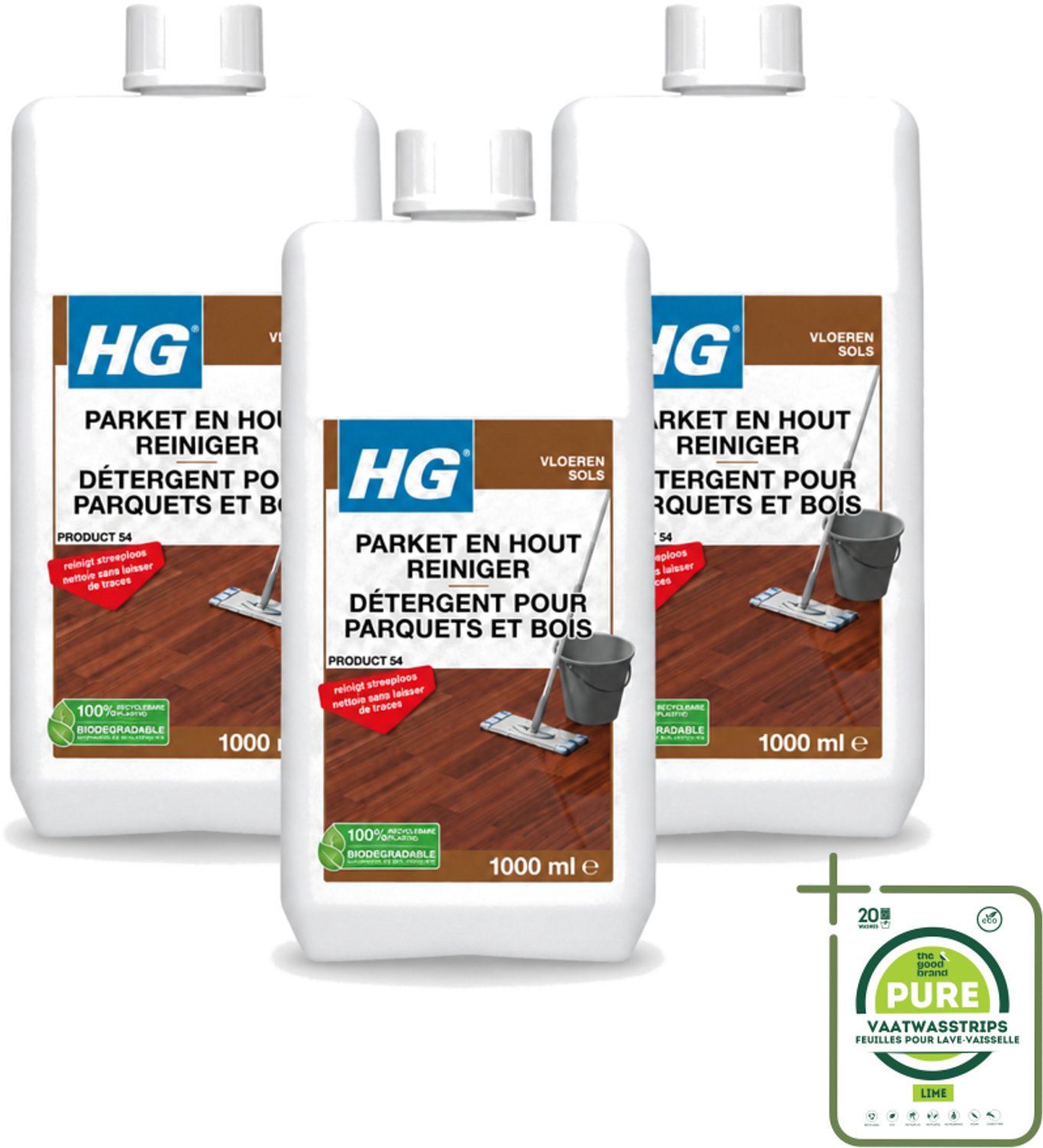 3 x HG - Parket- & Houtreiniger - Frisse Geur - Reinigt Streeploos - 1L - Grootverpakking - Vaatwasstrips - Parket Reinigen - Parket Reiniger - Parket Vloer Reinigen - Parket Reinigen Zonder Strepen - Parket Vloer Onderhoud