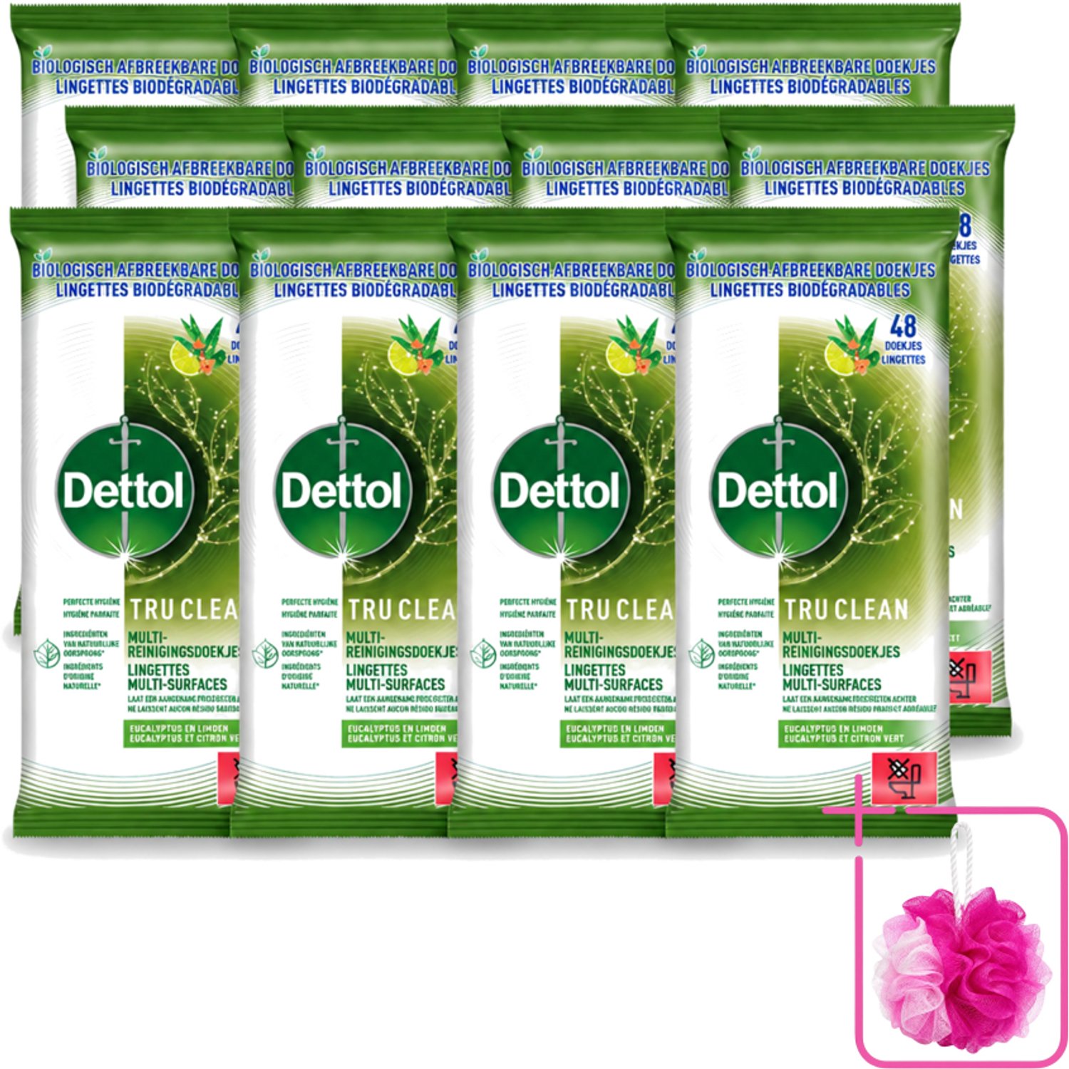 12 x Dettol Tru Clean - Multi-reinigingsdoekjes - Eucalyptus & Limoen - Biologisch Afbreekbaar - 48 Stuks - Bulkverpakking - Dettol tru clean - Douchemop - Reinigingsdoekjes