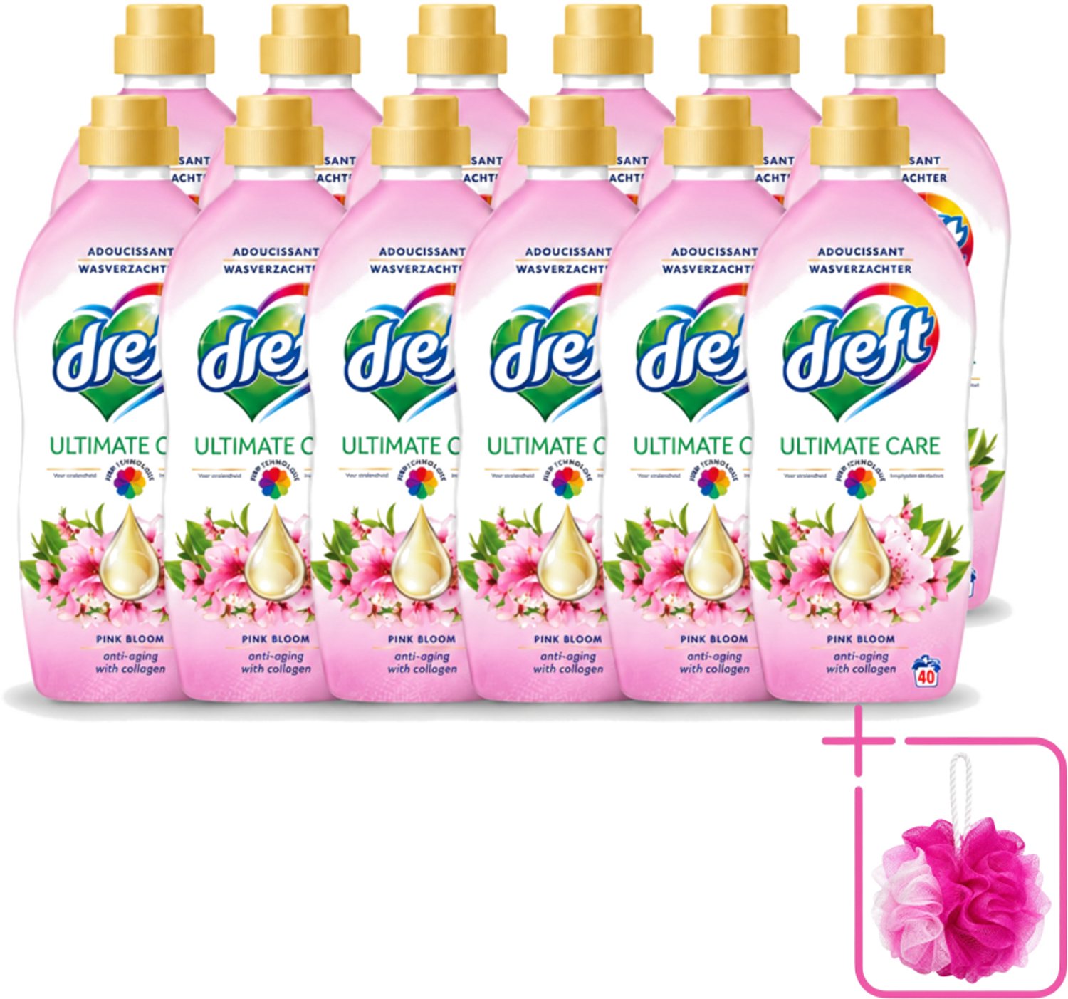 12 x Dreft - Ultimate Care - Wasverzachter - Roze Bloem - Anti-Veroudering - 40 Wasbeurten - Bulkverpakking - Wasverzachter - Douchemop - Anti-aging