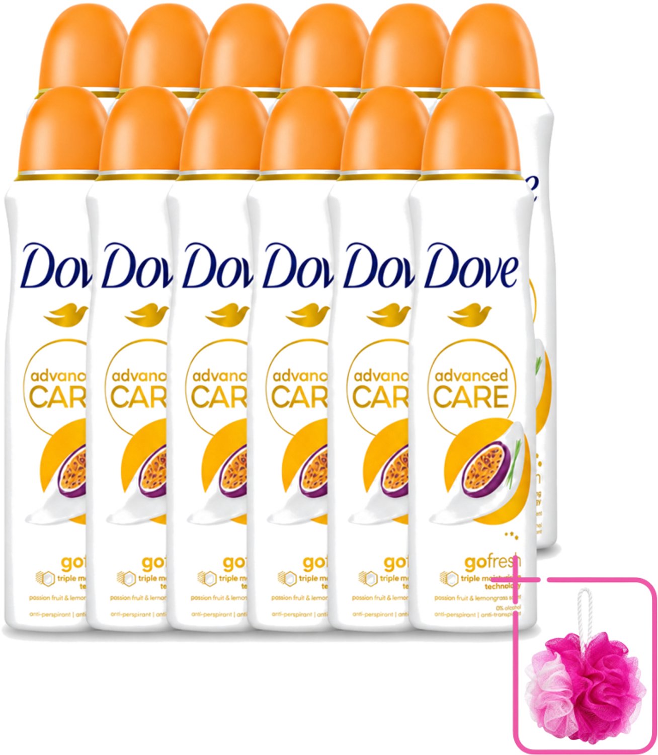 12 x Dove - Deospray - Passievrucht & Citroengras - 150 ml - Bulkverpakking - Passievrucht en citroengras - Douchemop - Anti-transpirant