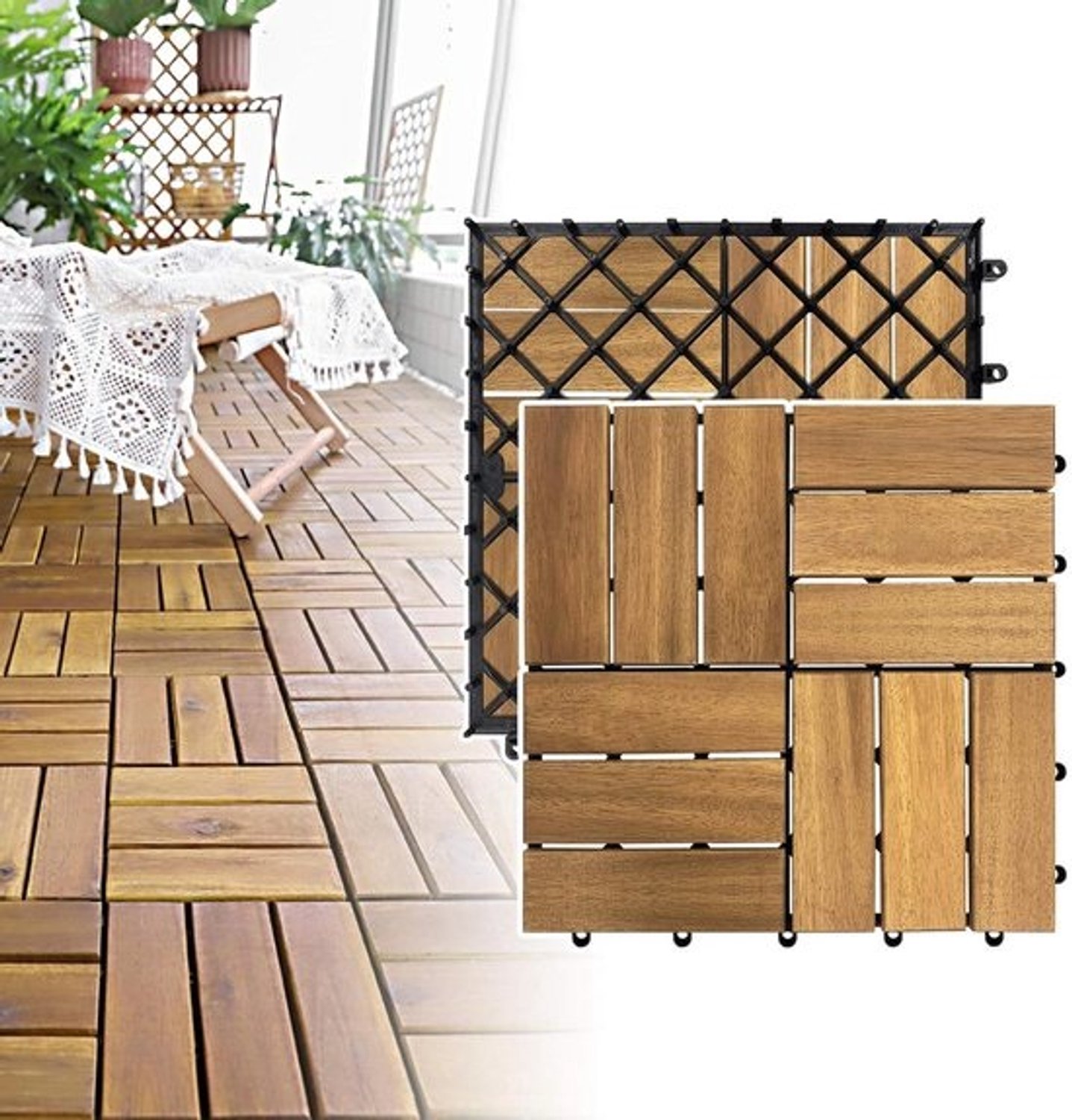 NAIZY Houten tegels, terrastegels, 30 x 30 cm, houtlook, balkontegels met drainag en kliktegels, vloerbedekking, weerbestendig, voor tuin, terras, balkon (model B, afmetingen: 22 stuks, 2 m²)