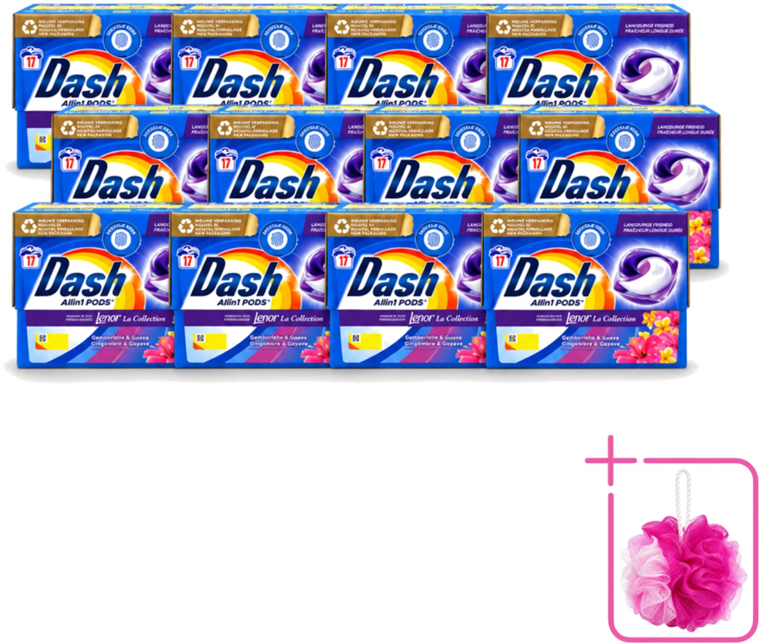 12 x Dash - Lenor Collectie - Wasmiddel Capsules - All-in-1 Pods - Witte en Gekleurde Was - Gemberlelie & Guava - 17 Wasbeurten - Bulkverpakking - Wasmiddel capsules - Douchemop - Wasmiddel pod