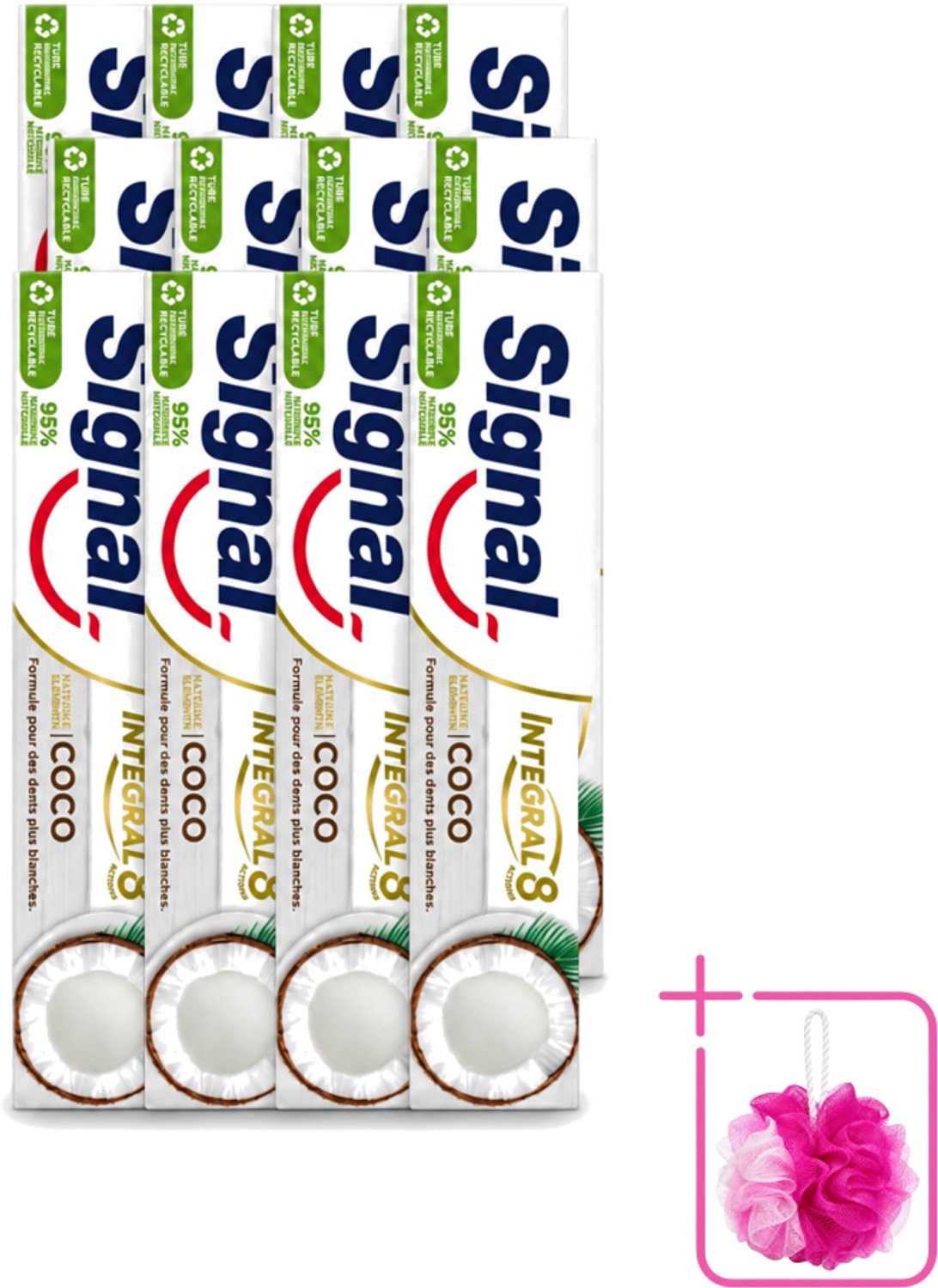 12 x Signal - Integral & Actions - Tandpasta - Natuurlijke Elementen - Kokos - Voor Witte Tanden - 75 ml - Bulkverpakking - Tandpasta - Douchemop - Natuurlijke tandpasta
