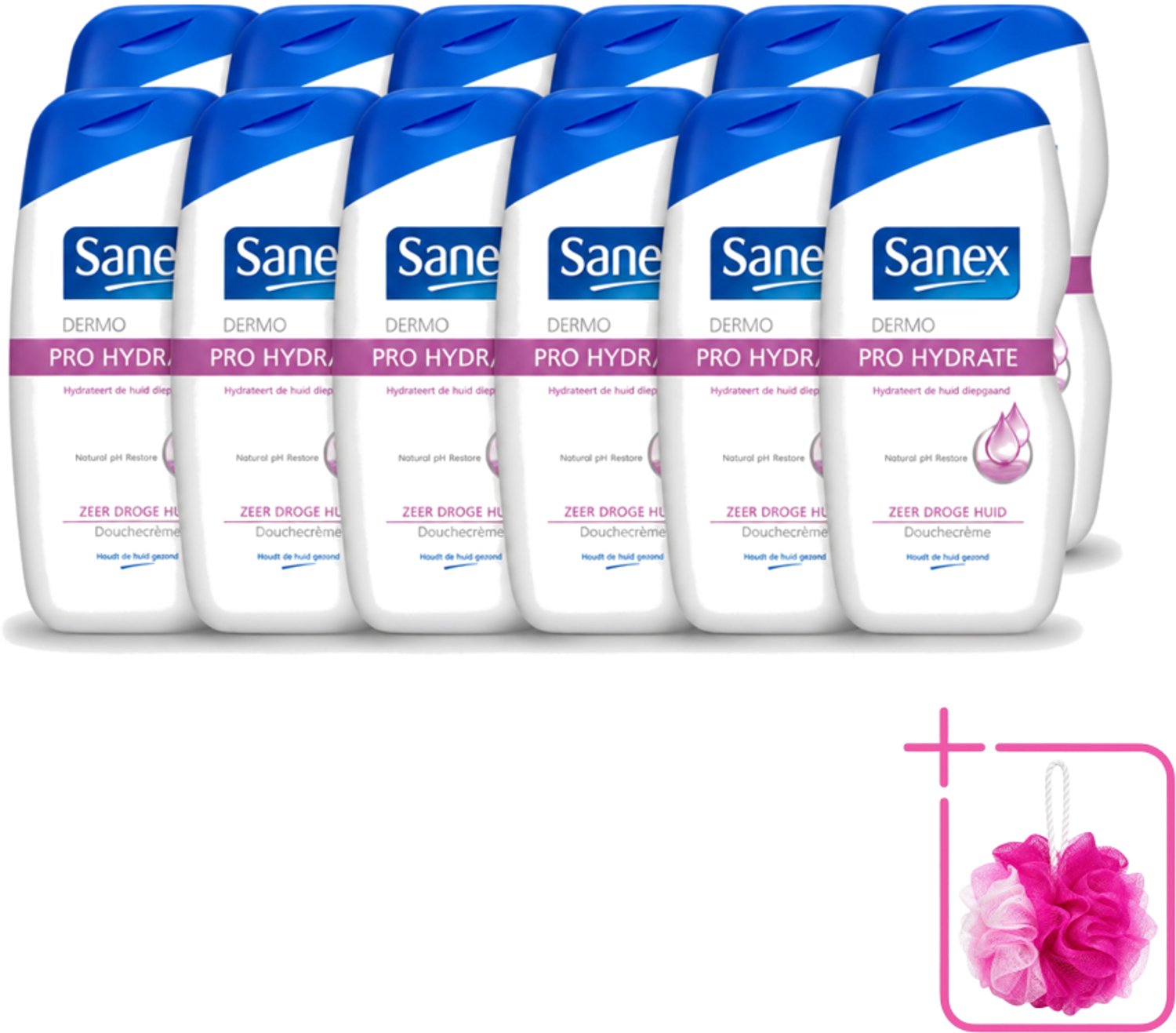 12 x Sanex Dermo - Pro Hydraterend - Douchecrème - Zeer Droge Huid - 500 ml - Bulkverpakking - Hydratatie huid - Douchemop - Droge huid