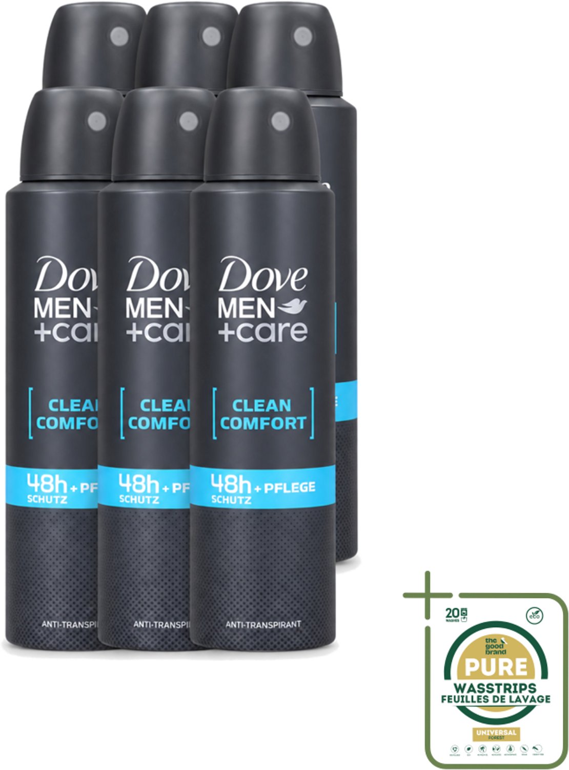 6 x Dove Men+Care - Clean Comfort - Deospray - Anti-Transpirant - 150 ml - Wasstrips - Dove Men+Care - Deospray - Frisheid - Transpiratie - Huidbescherming