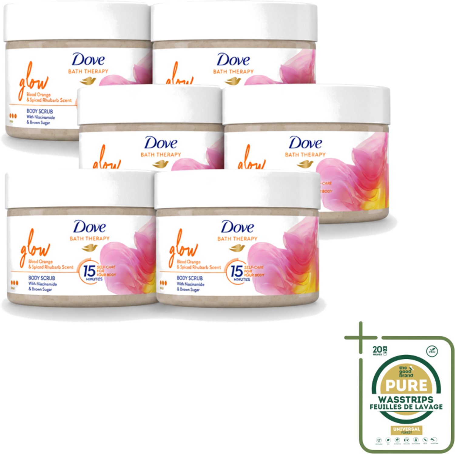 6 x Dove Bath Therapy Glow - Bodyscrub - Bloedsinaasappel & Rabarber - 295 ml - Wasstrips - Huid Verzorging - Huid Stralen - Huid Glans - Huid Exfoliatie - Huid Hydratatie